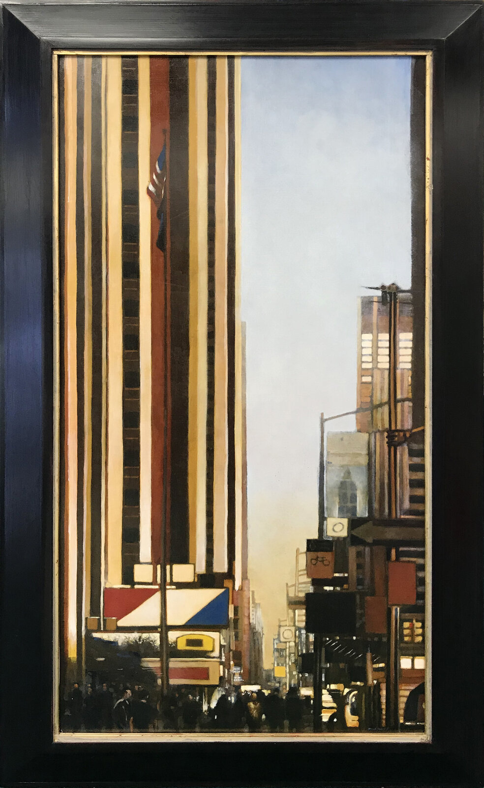 A painting of a city street with tall buildings.