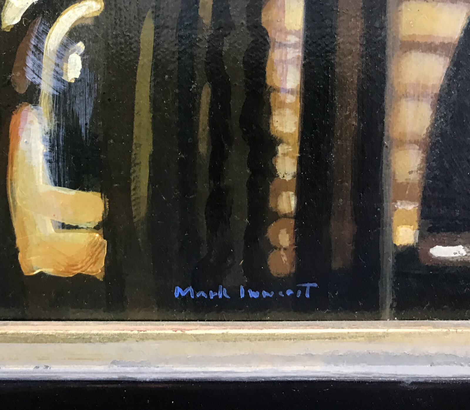 A painting of a city street with tall buildings.