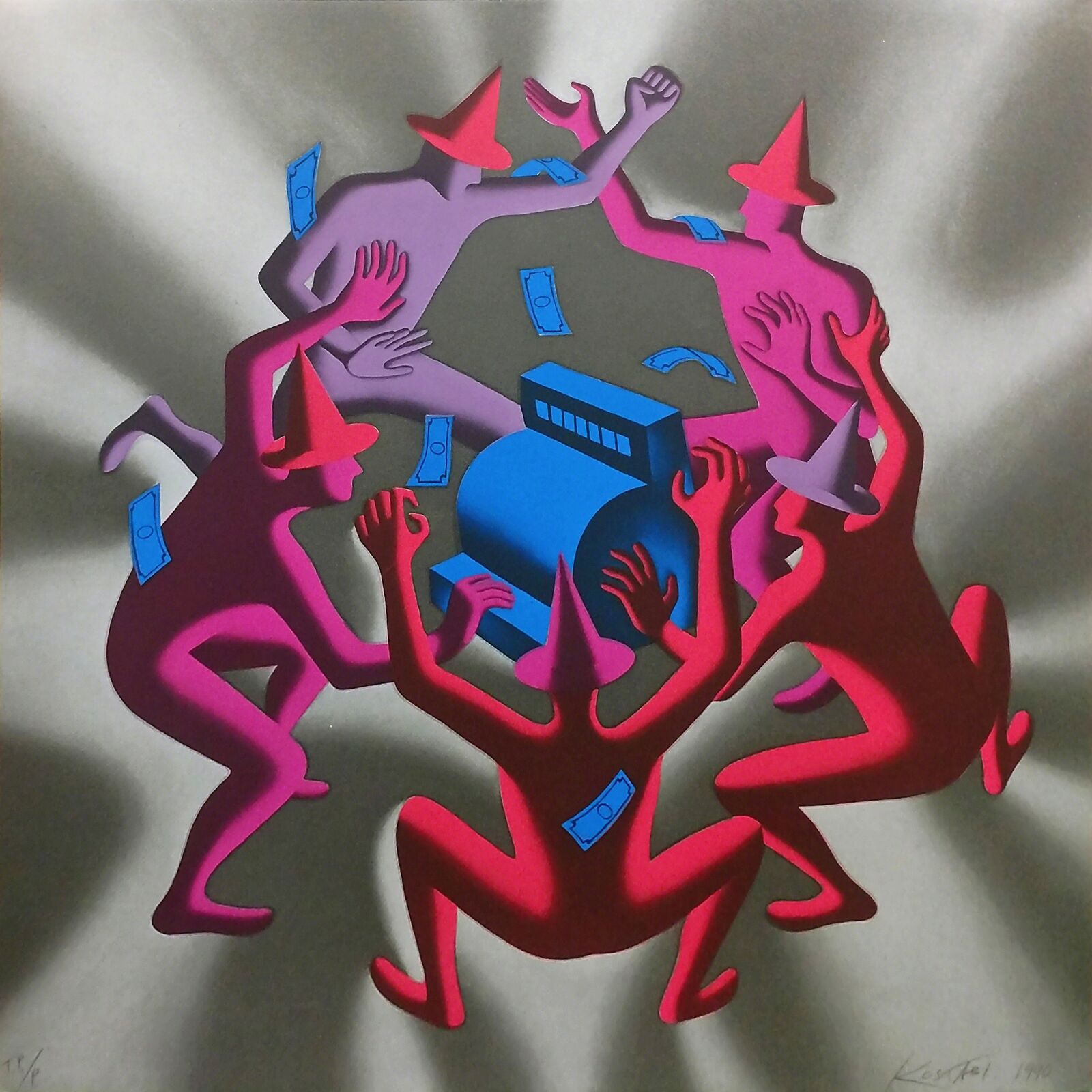 A painting of a group of people dancing around a blue box.