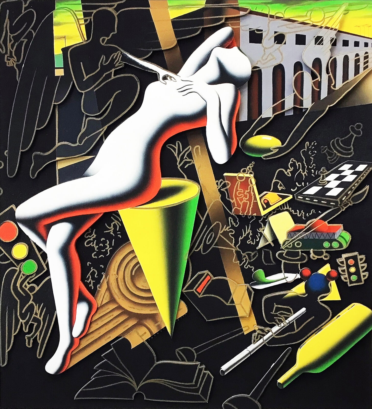 Artwork by Mark Kostabi, IMPERFECT BALANCE, Made of Giclee And Iris Print 3d Construction 