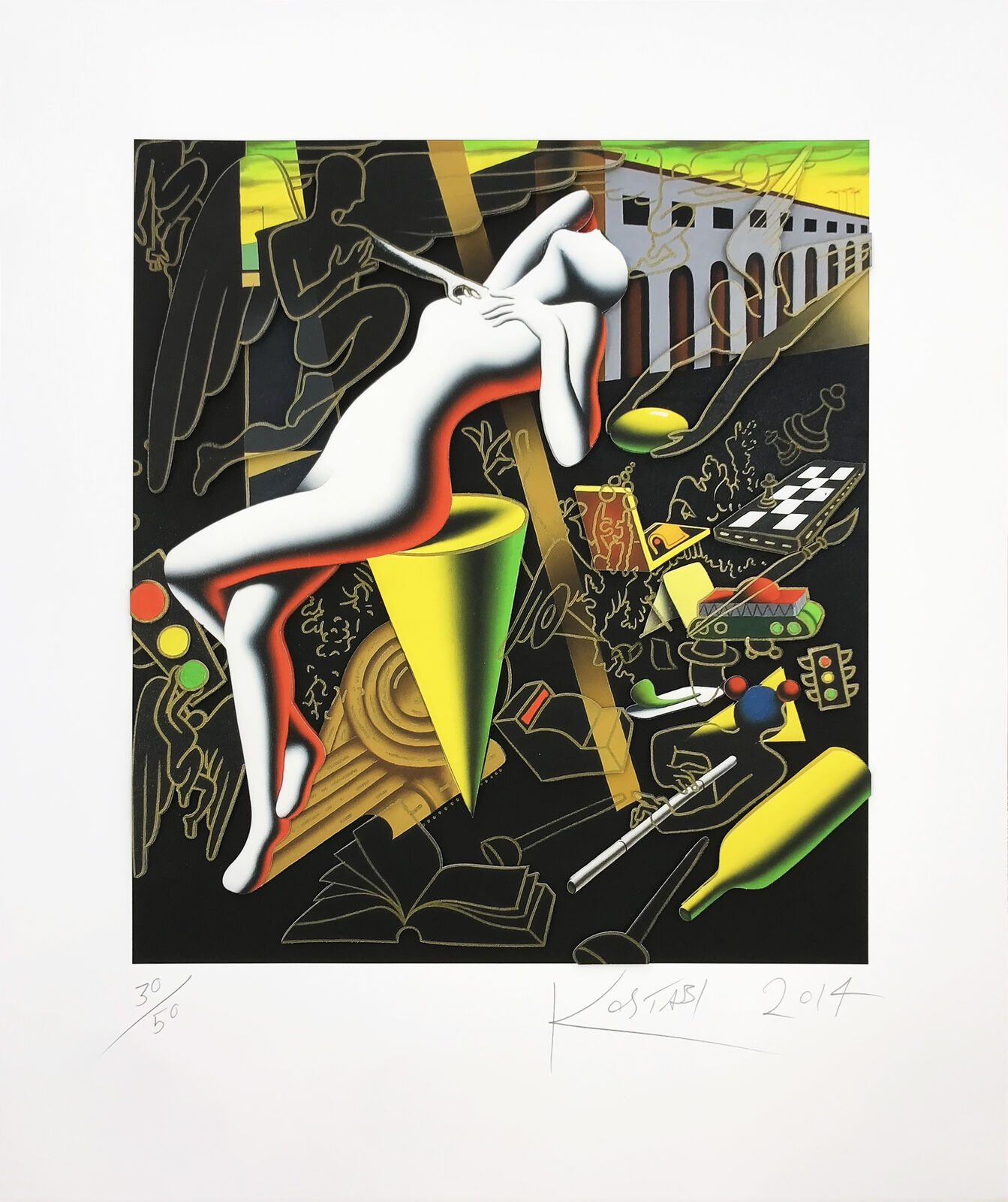 Artwork by Mark Kostabi, IMPERFECT BALANCE, Made of Giclee And Iris Print 3d Construction 