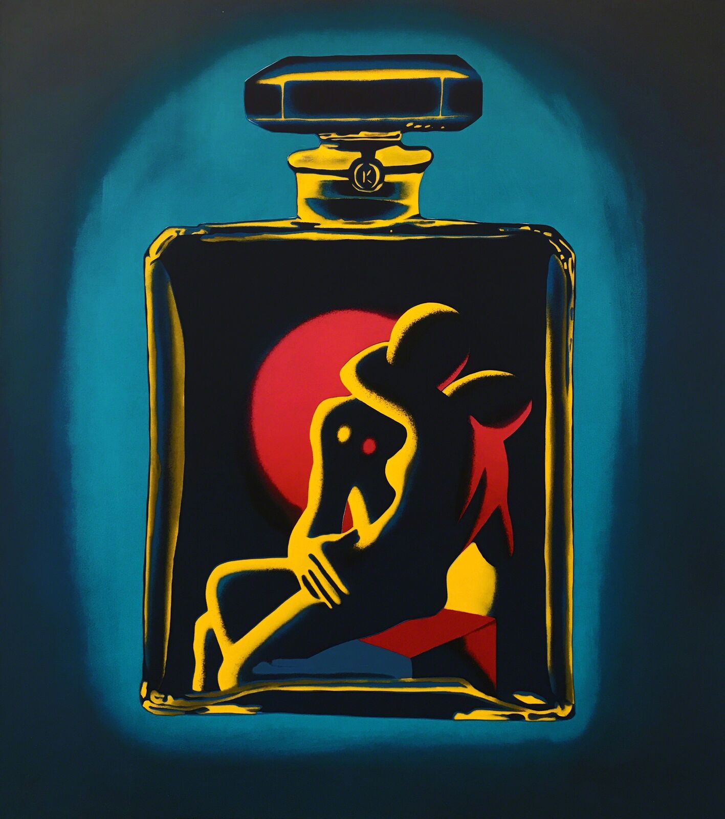 A painting of a man sitting in a bottle of perfume.