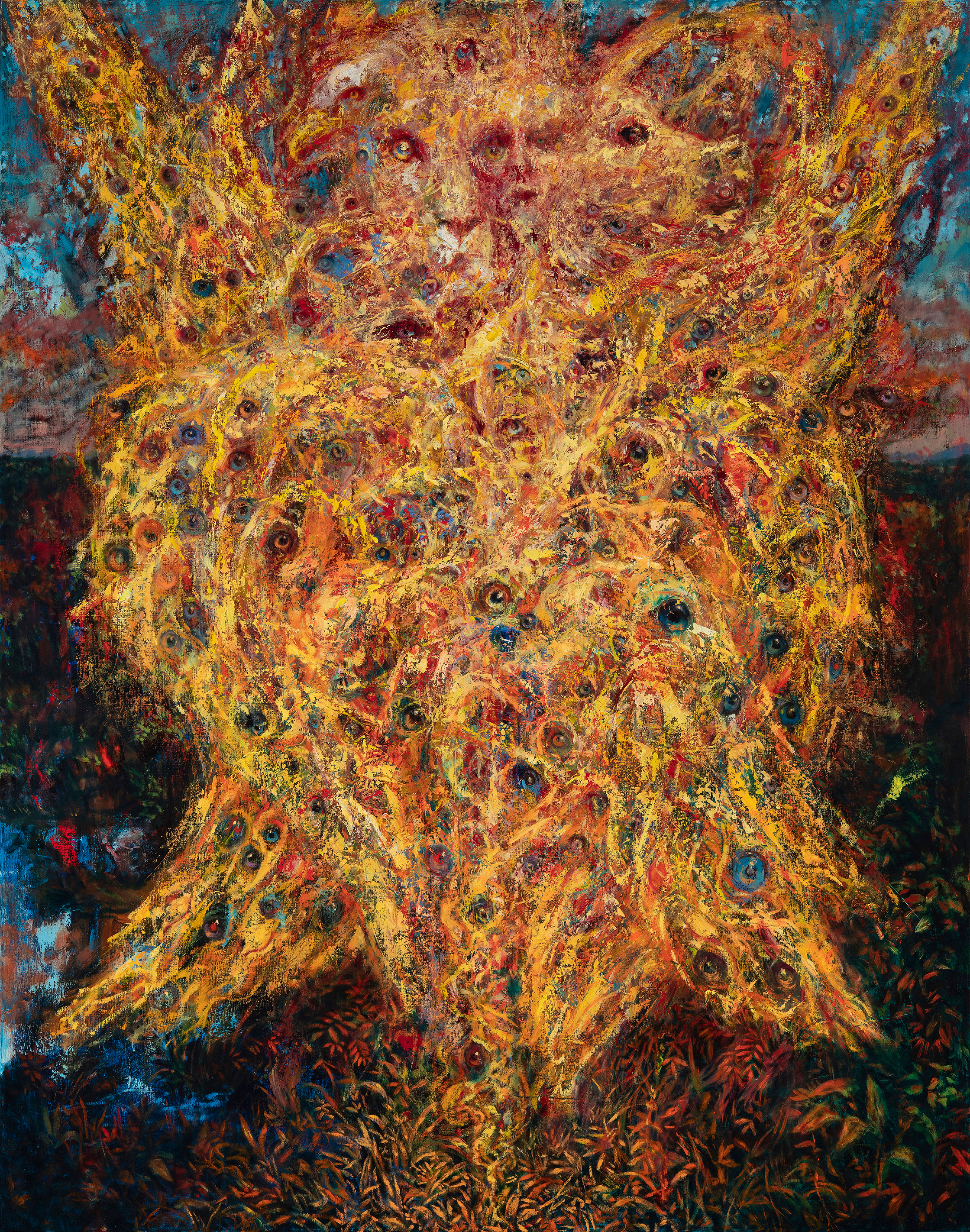 A painting of a tree with many different colored leaves.