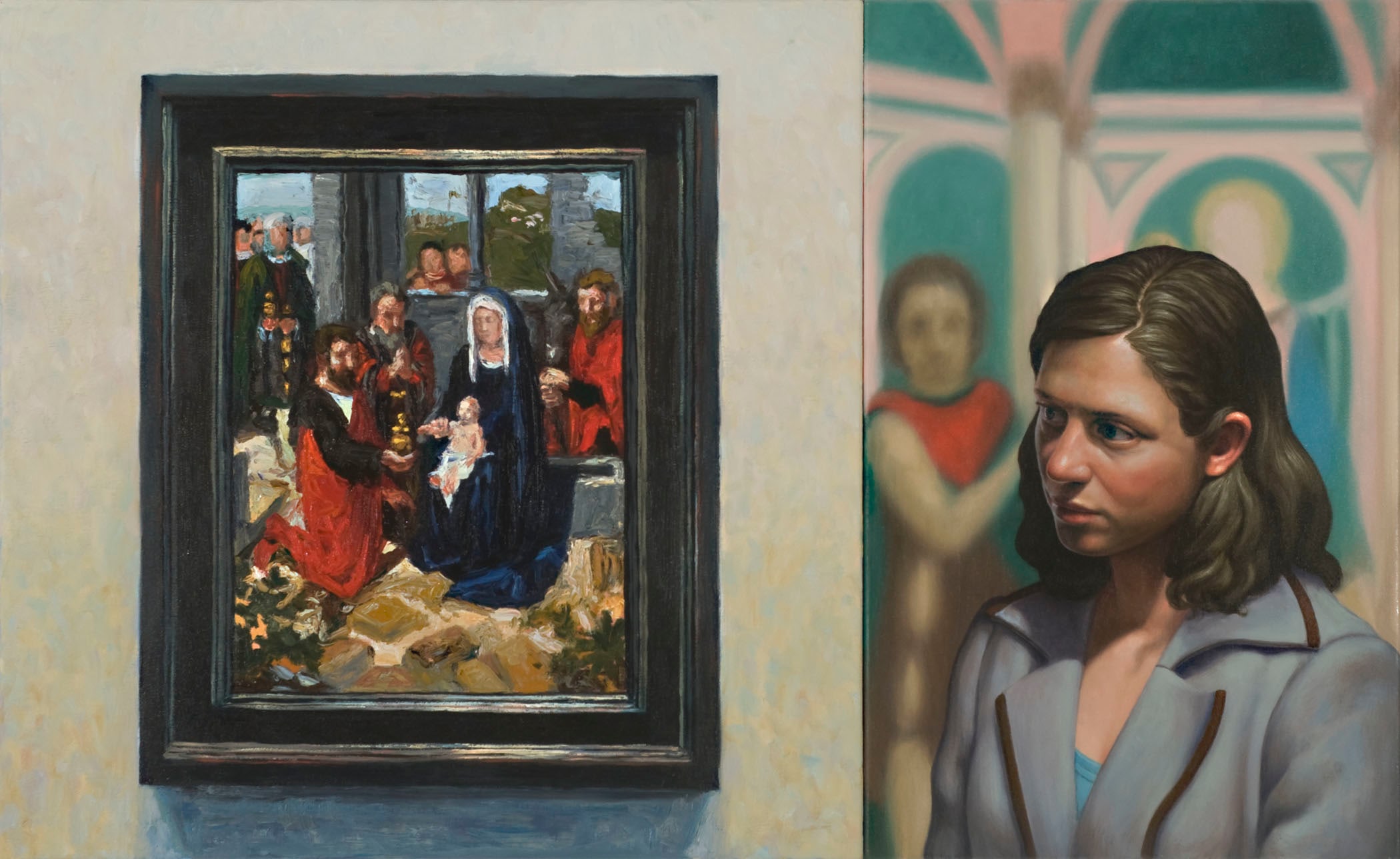 A painting of a woman standing in front of a painting.