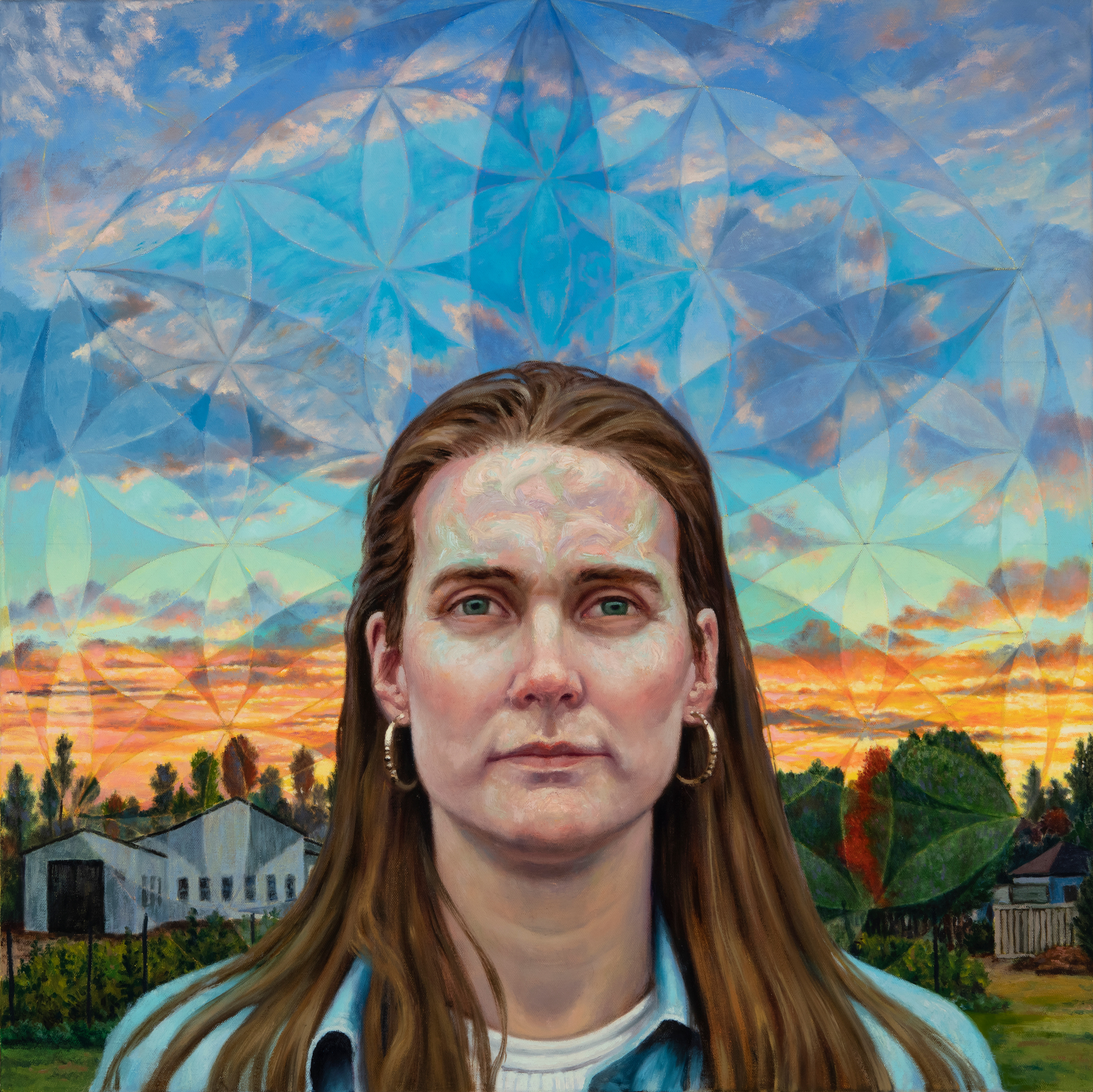 A painting of a woman in front of a sunset.