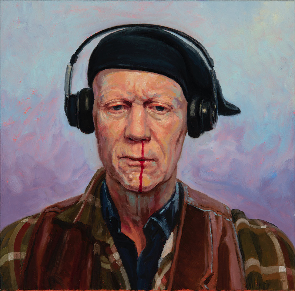 A painting of a man wearing headphones with blood on his face.