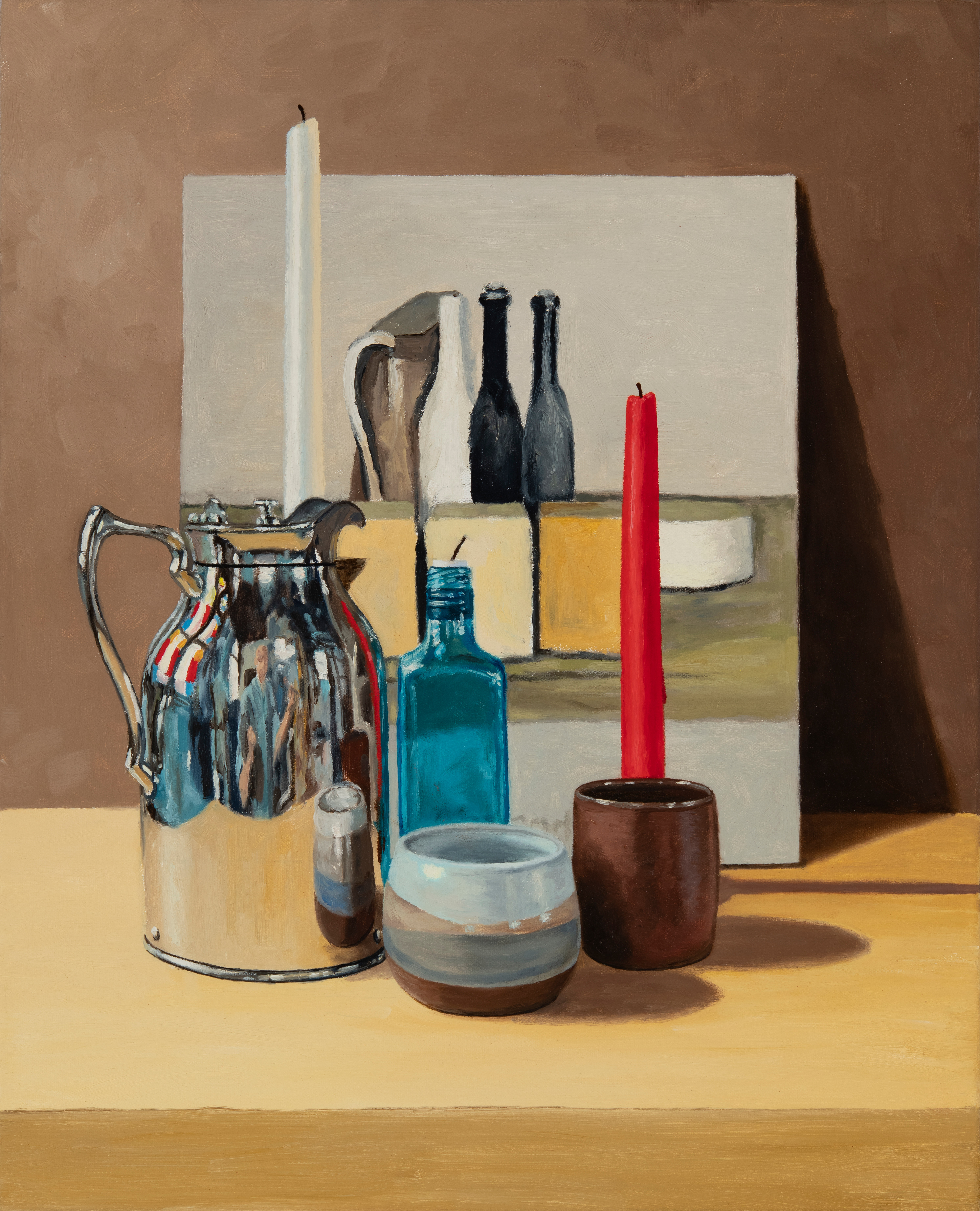 A painting of a still life with a candle and a jug on a table.