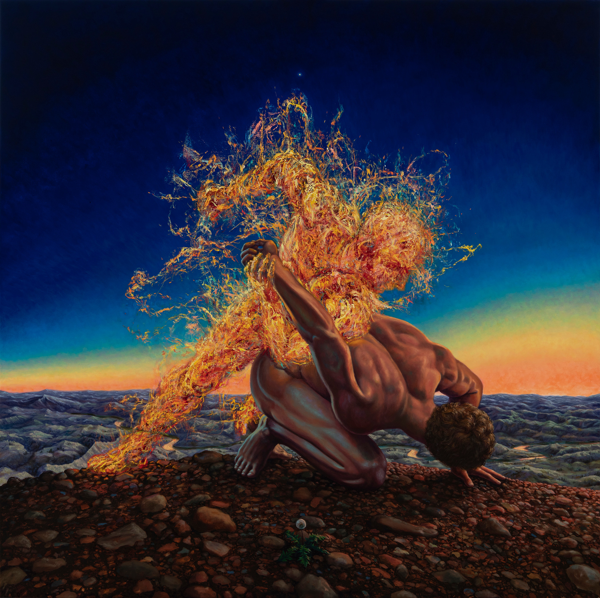 A painting of a man kneeling on the ground with fire coming out of his head.