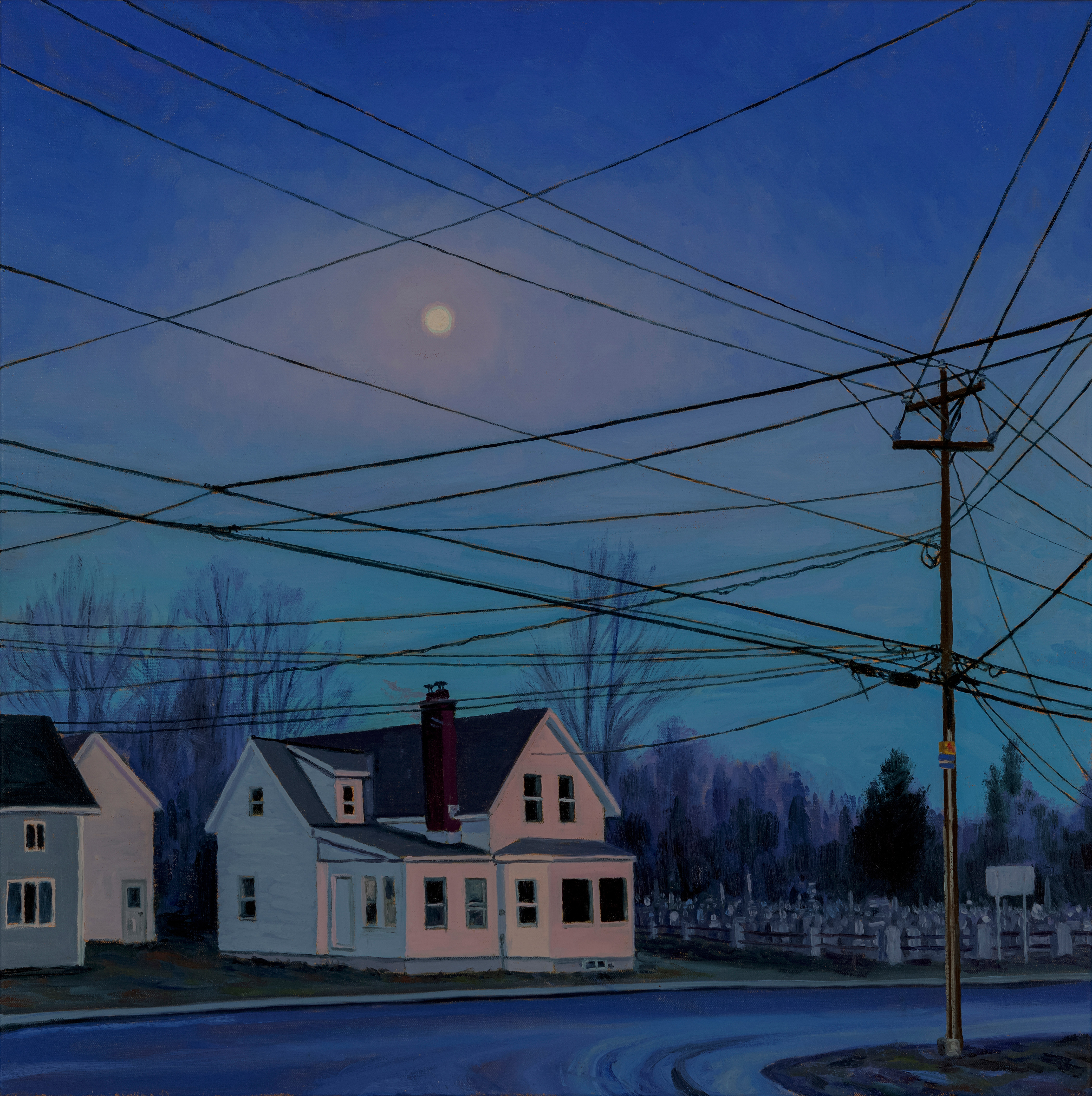 A painting of a street scene with a full moon in the sky.
