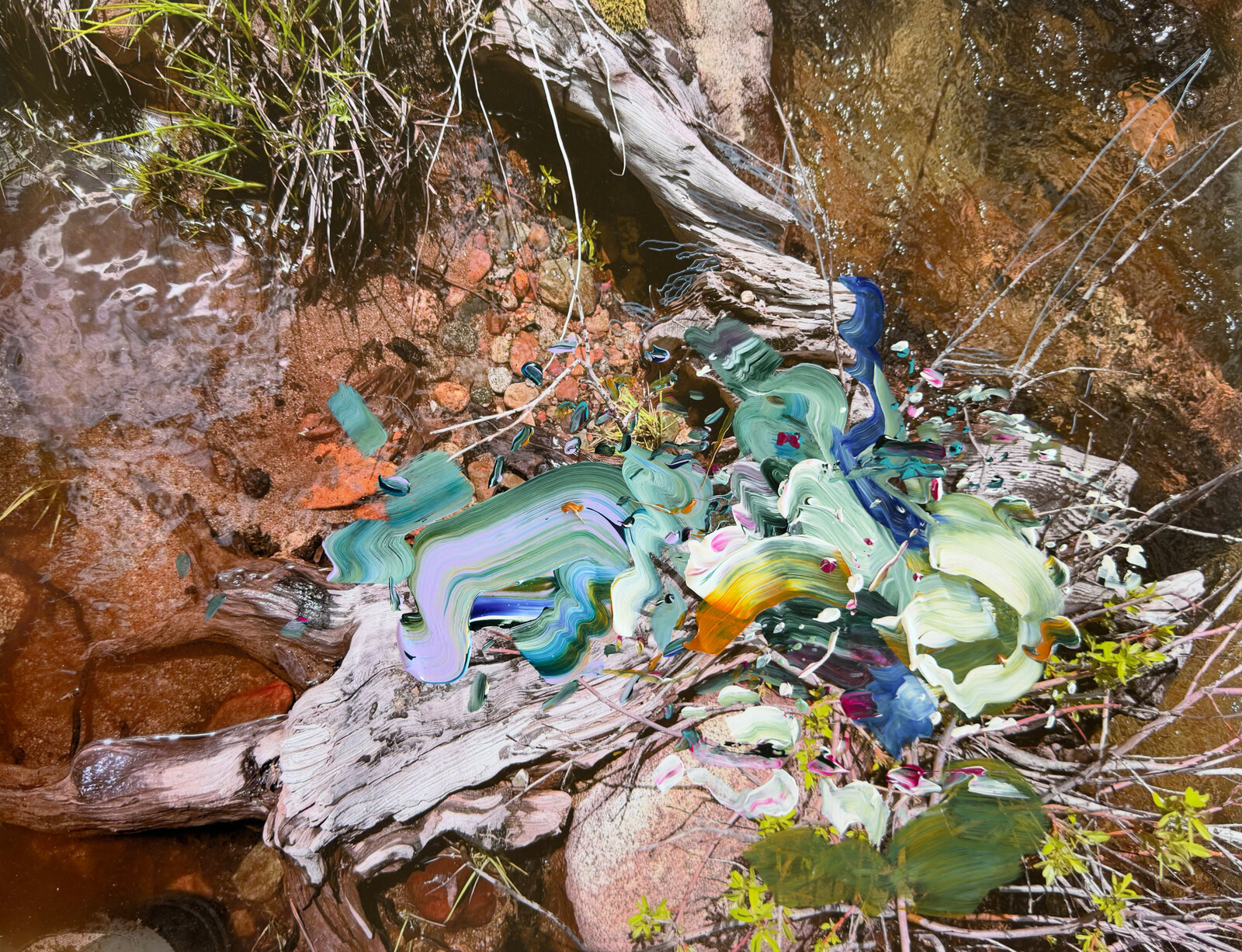 A digital painting of a stream scene with a vibrant, abstract floral bloom superimposed over the natural landscape.