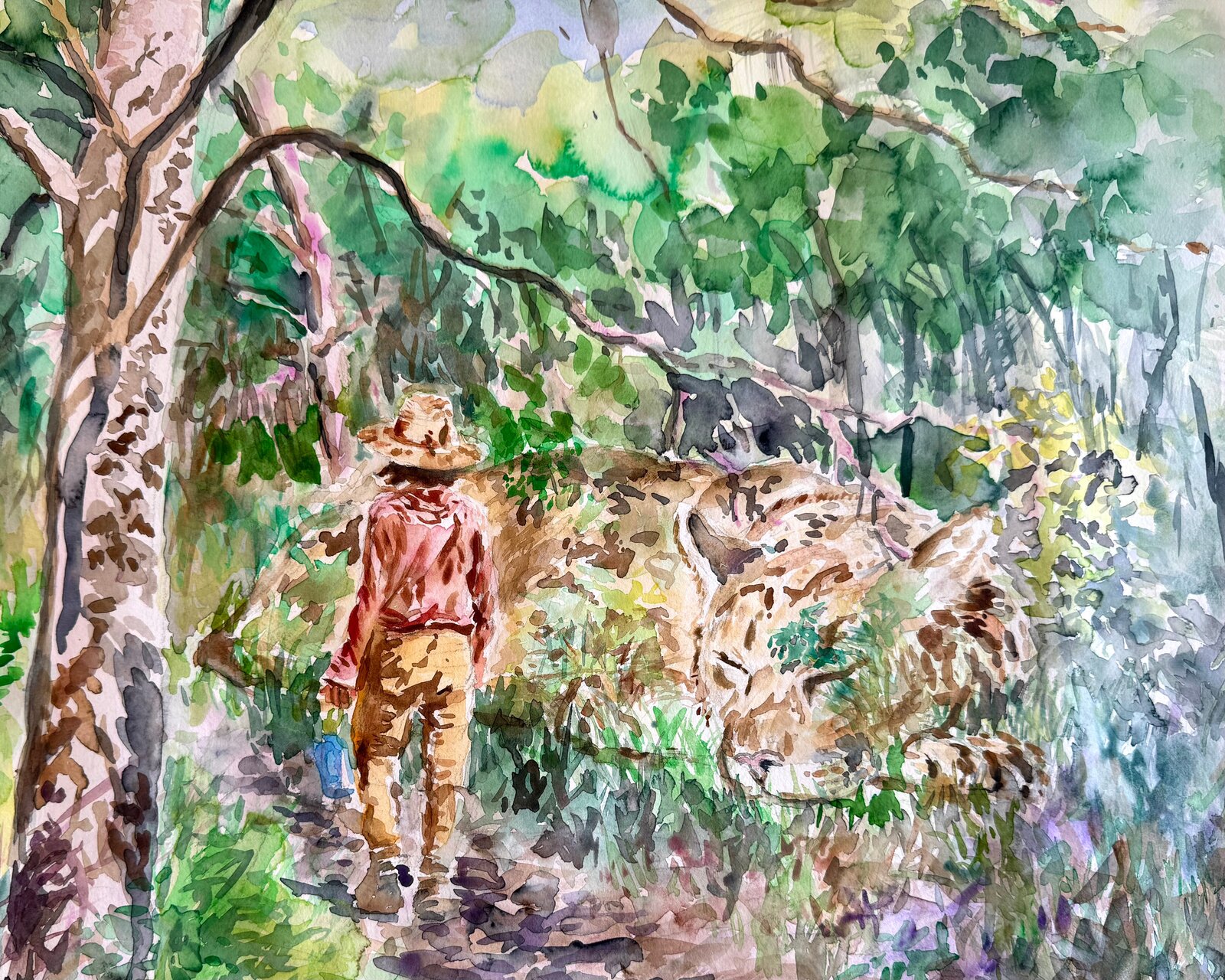 A watercolor painting of a person walking past a large spotted cat in a sun-dappled forest.
