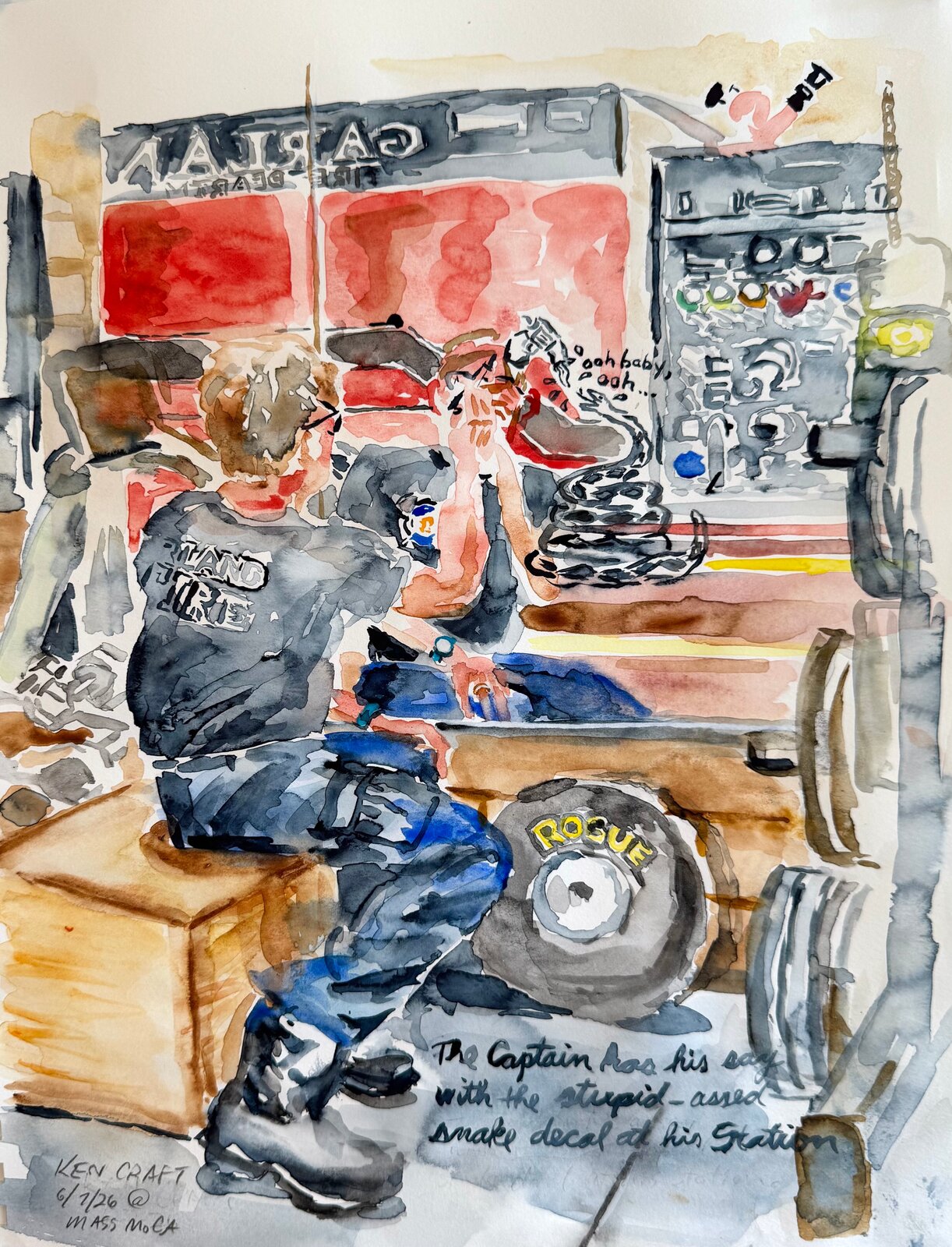 A watercolor sketch of a figure in a garage setting with a coiled snake and tire.