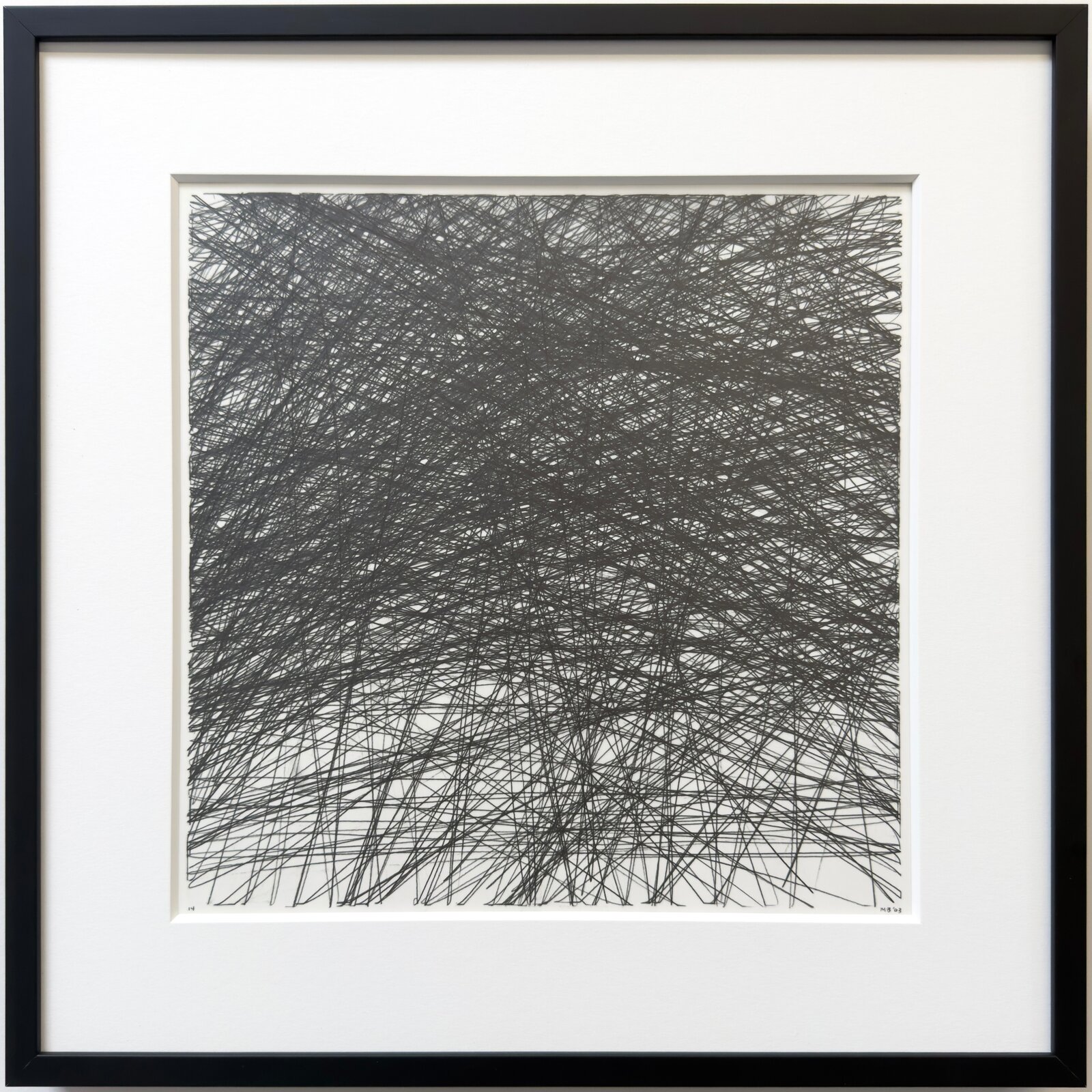 A monochromatic abstract drawing featuring a dense web of intersecting black lines on white paper, framed in black.