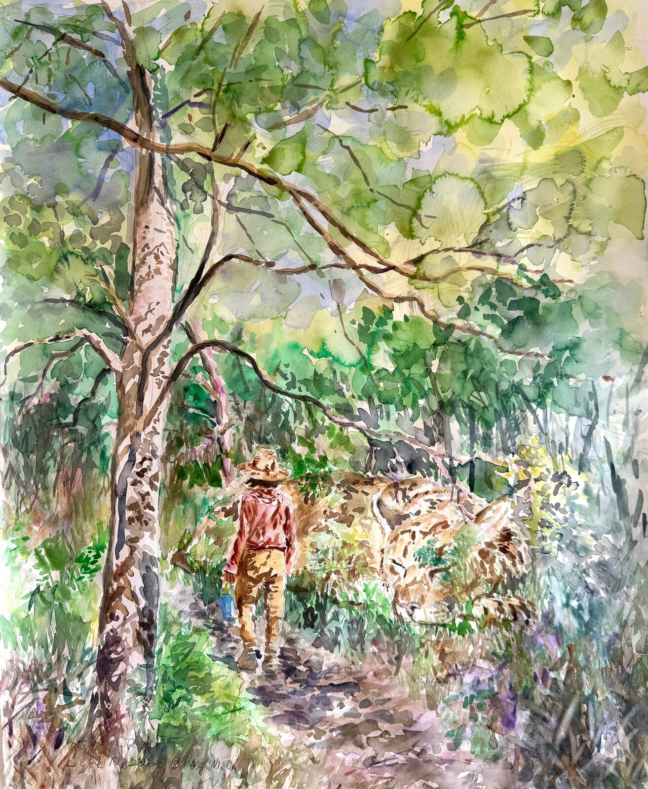 A watercolor painting of a person walking past a large spotted cat in a sun-dappled forest.