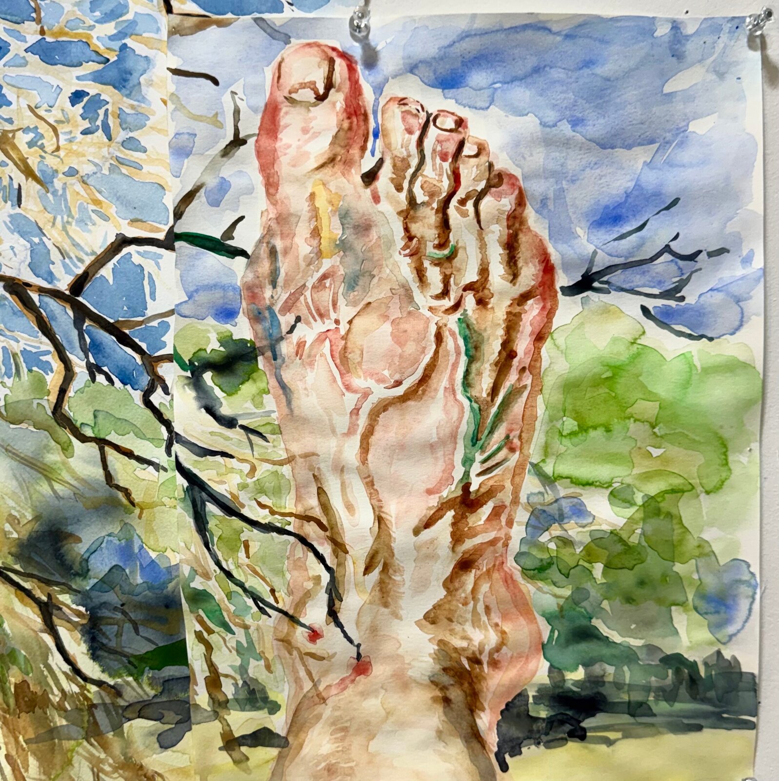 A watercolor diptych featuring a bare tree against a blue sky and a close-up of a foot with a similar background.