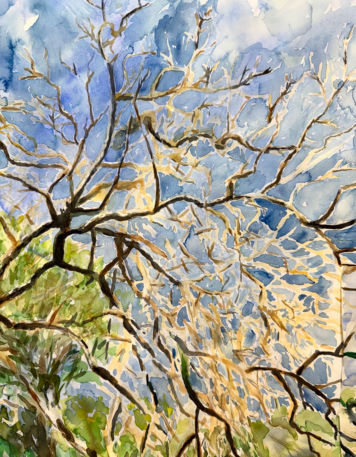 A watercolor diptych featuring a bare tree against a blue sky and a close-up of a foot with a similar background.