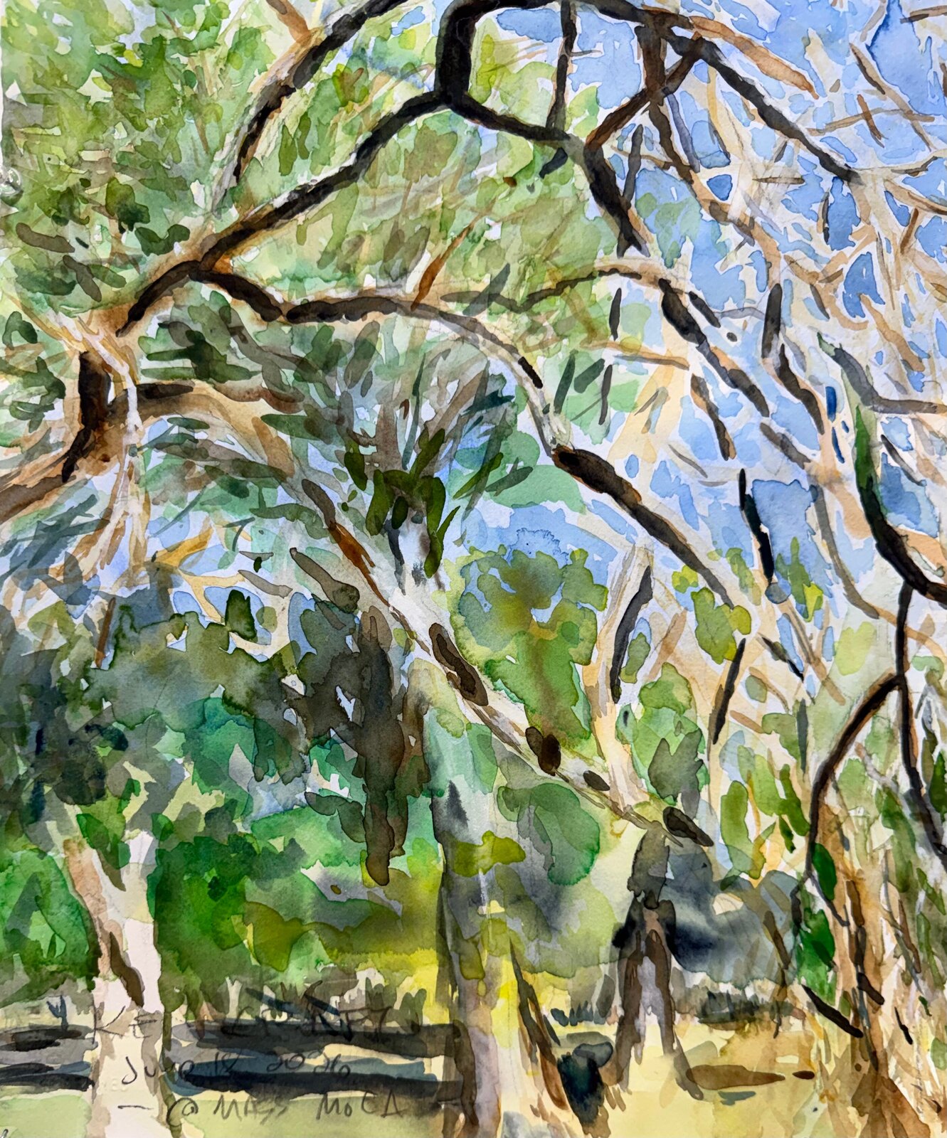 A watercolor diptych featuring a bare tree against a blue sky and a close-up of a foot with a similar background.