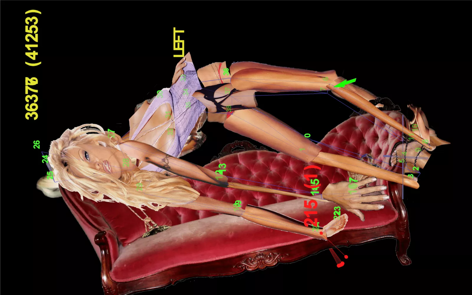 A woman laying on a red couch with measurements.