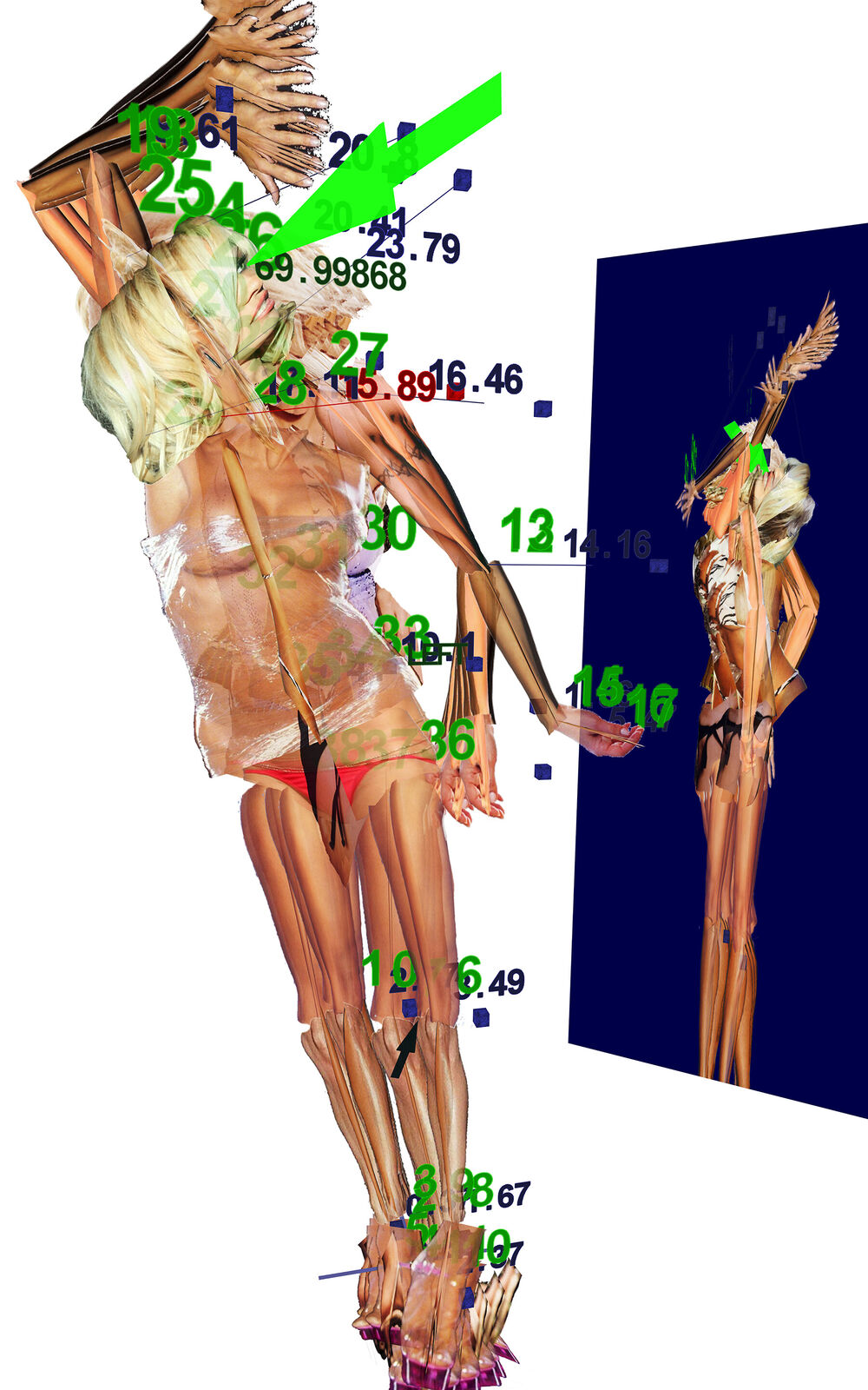 A picture of a woman in a bikini with numbers on it.