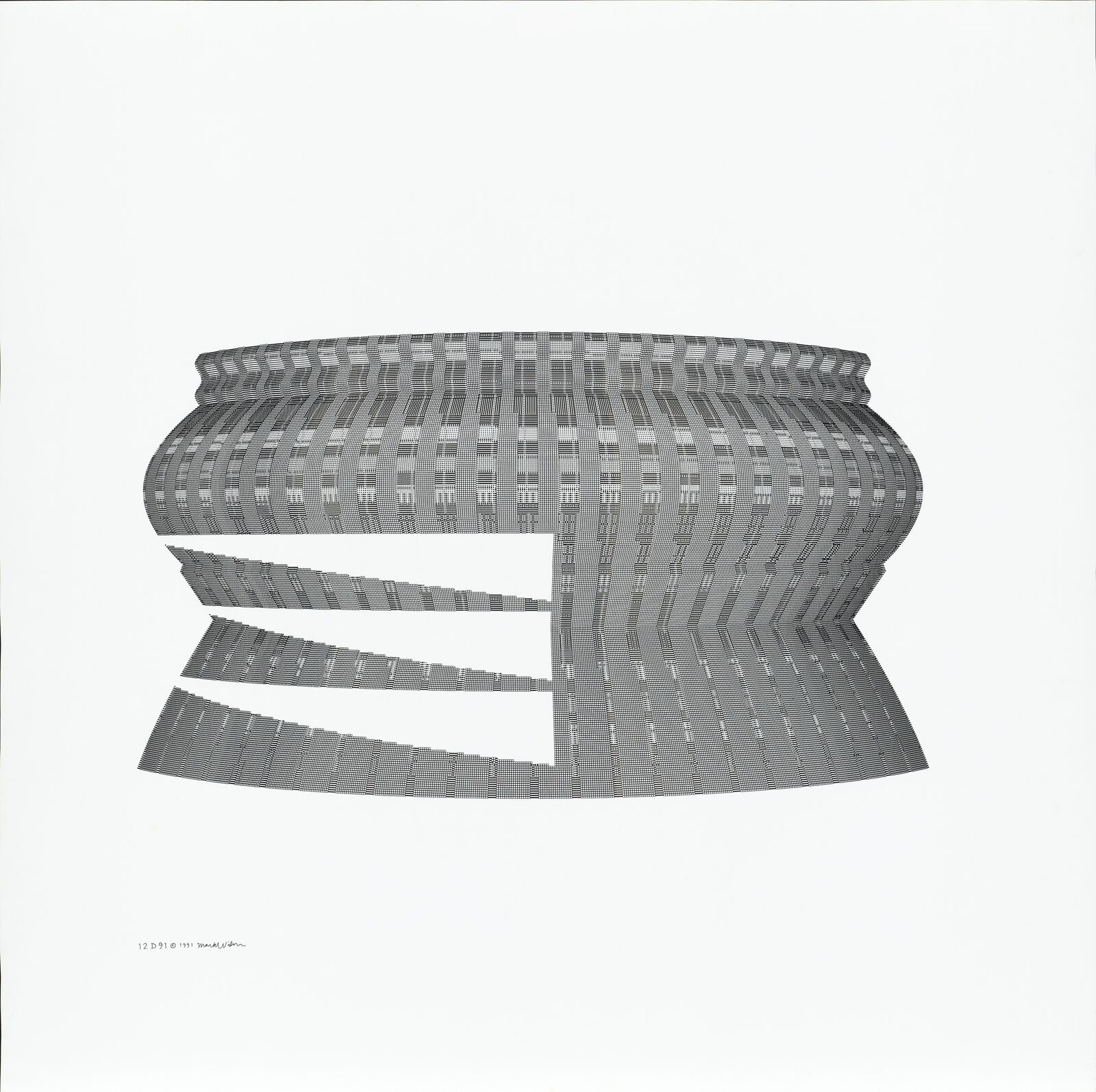A black and white drawing of a building with a curved roof.