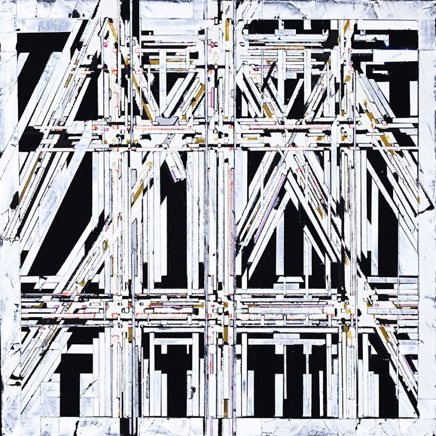 A black and white drawing of a building under construction.