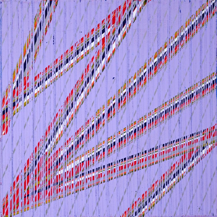A painting of a purple background with red, white, and blue lines.