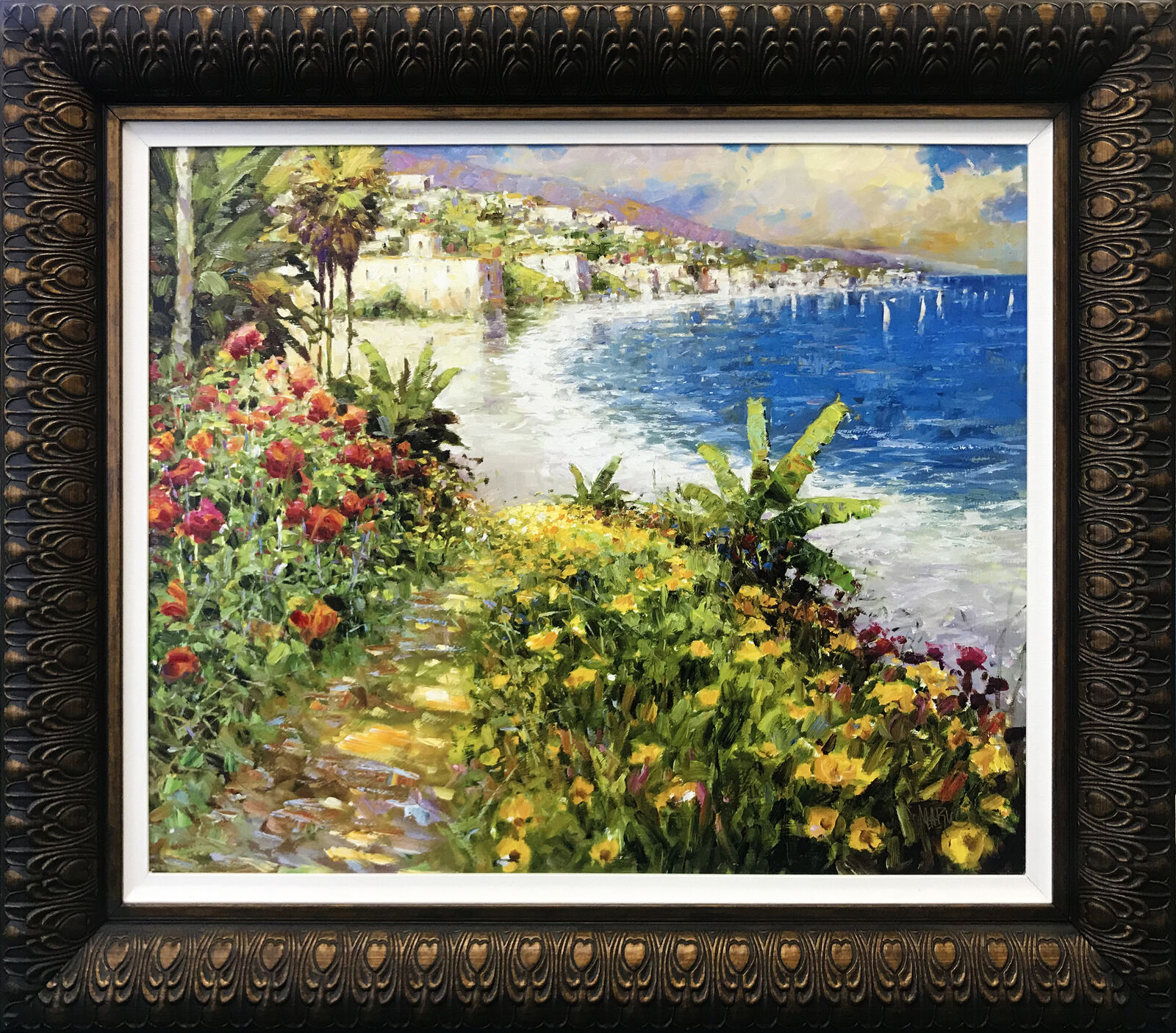 A painting of a view of a beach with flowers in the foreground.