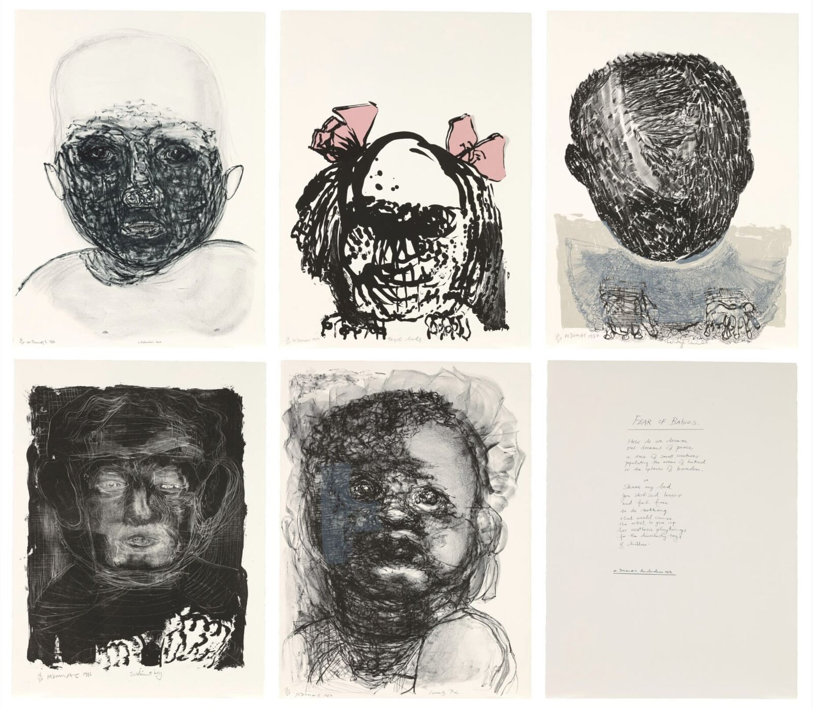 A group of six black and white drawings of a child's face.