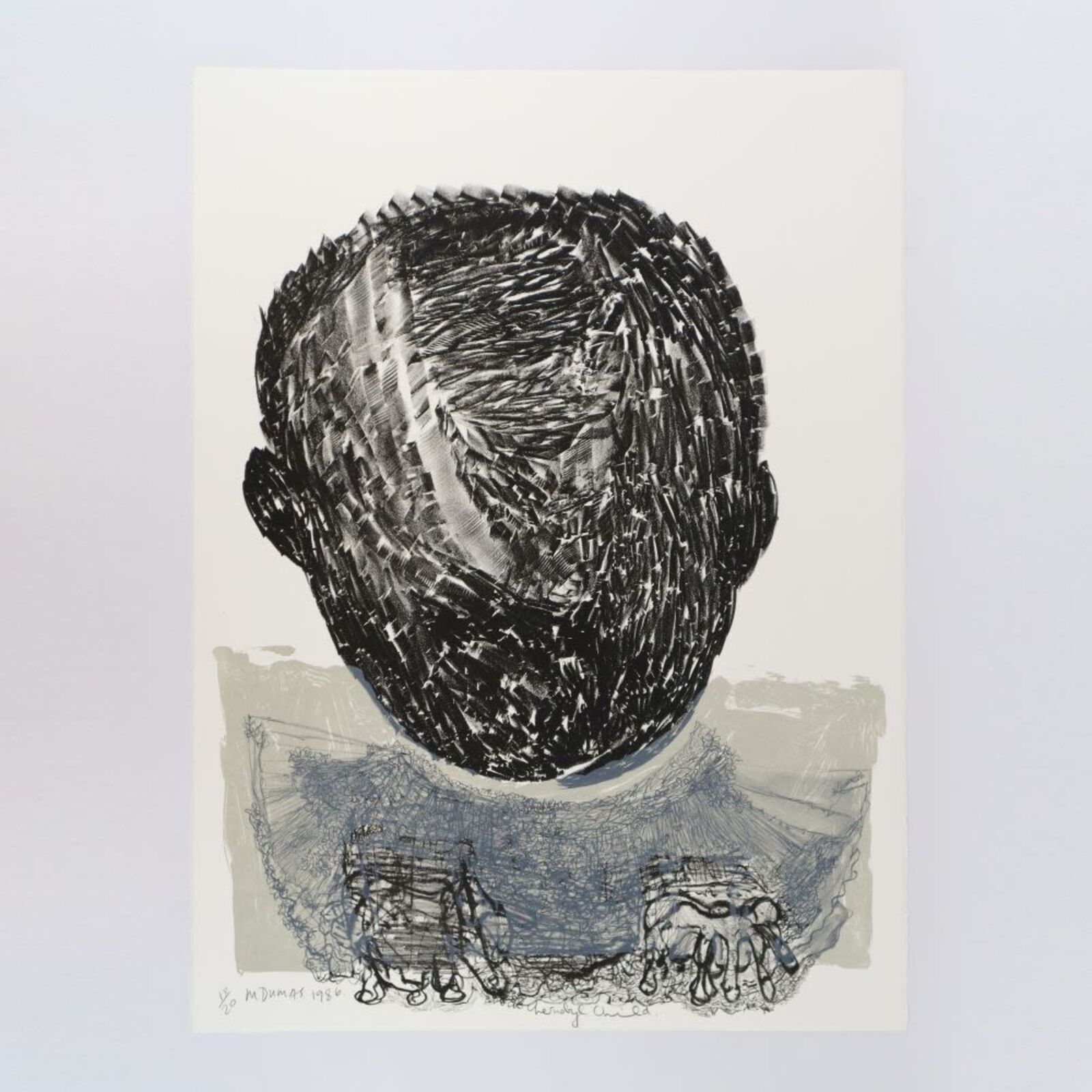 A group of six black and white drawings of a child's face.