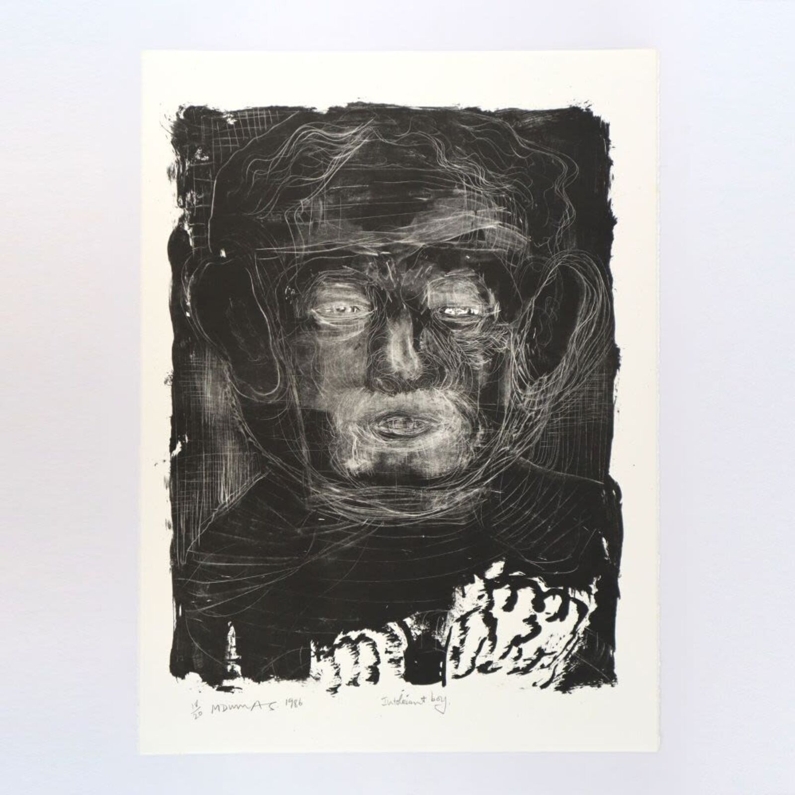 A group of six black and white drawings of a child's face.