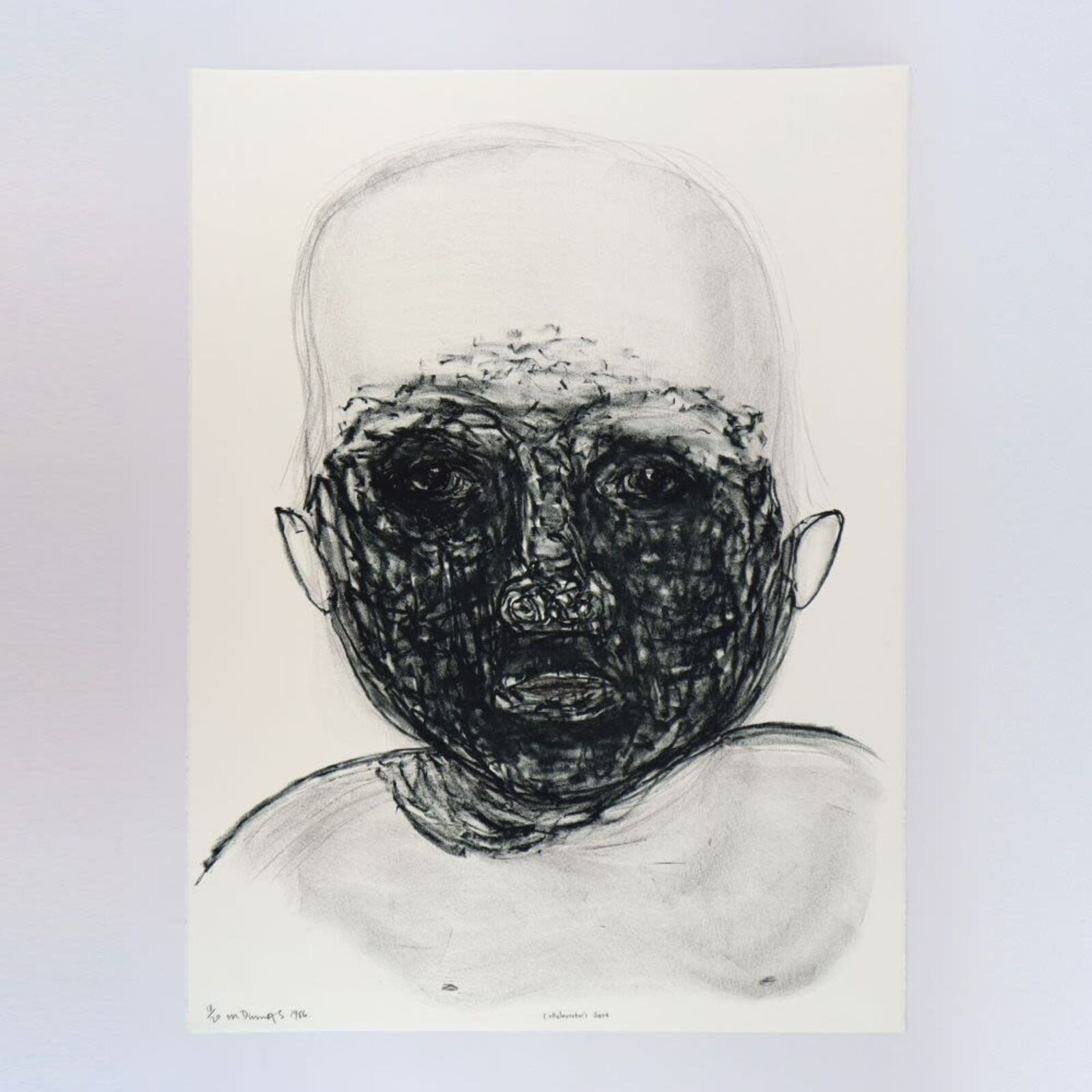 A group of six black and white drawings of a child's face.