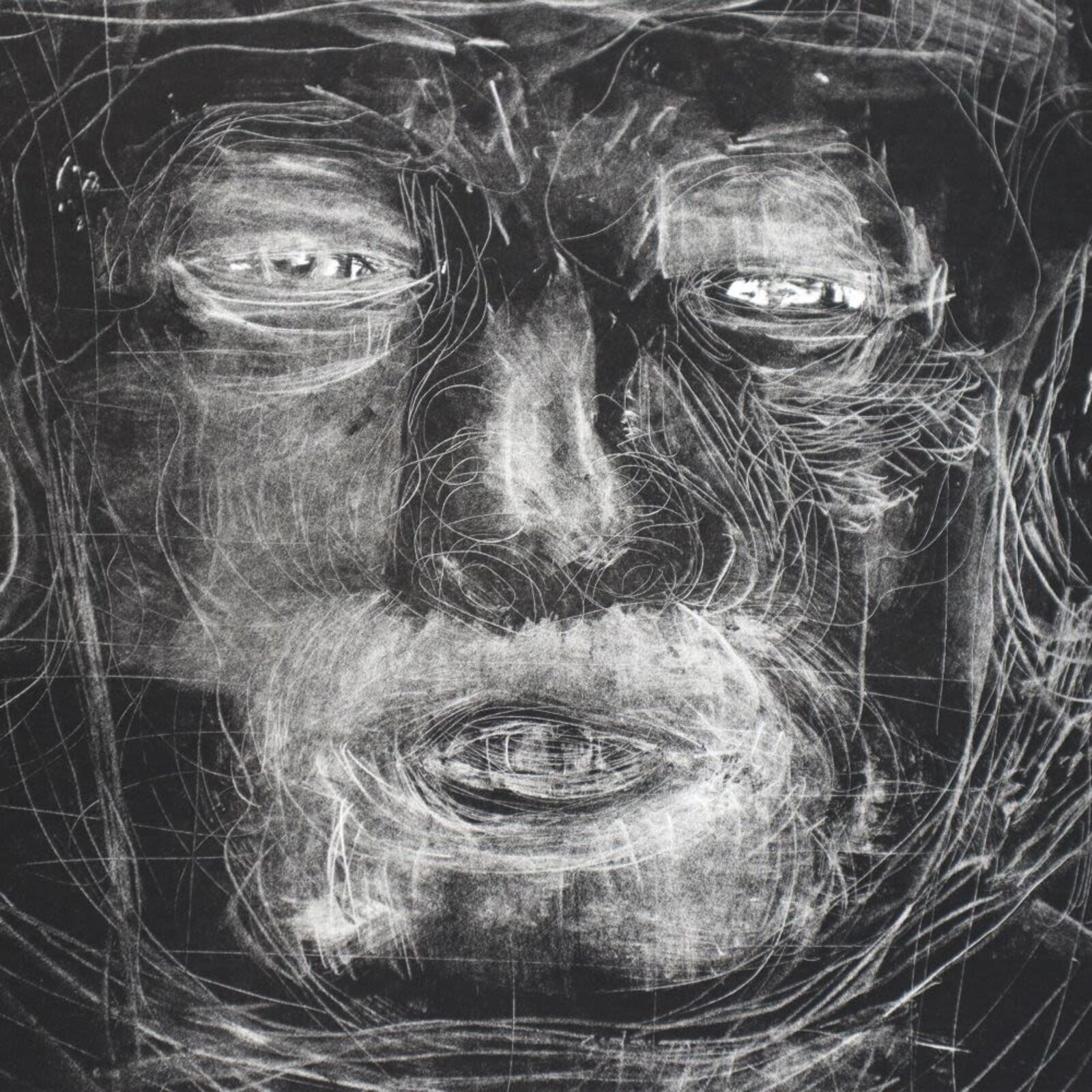 A group of six black and white drawings of a child's face.