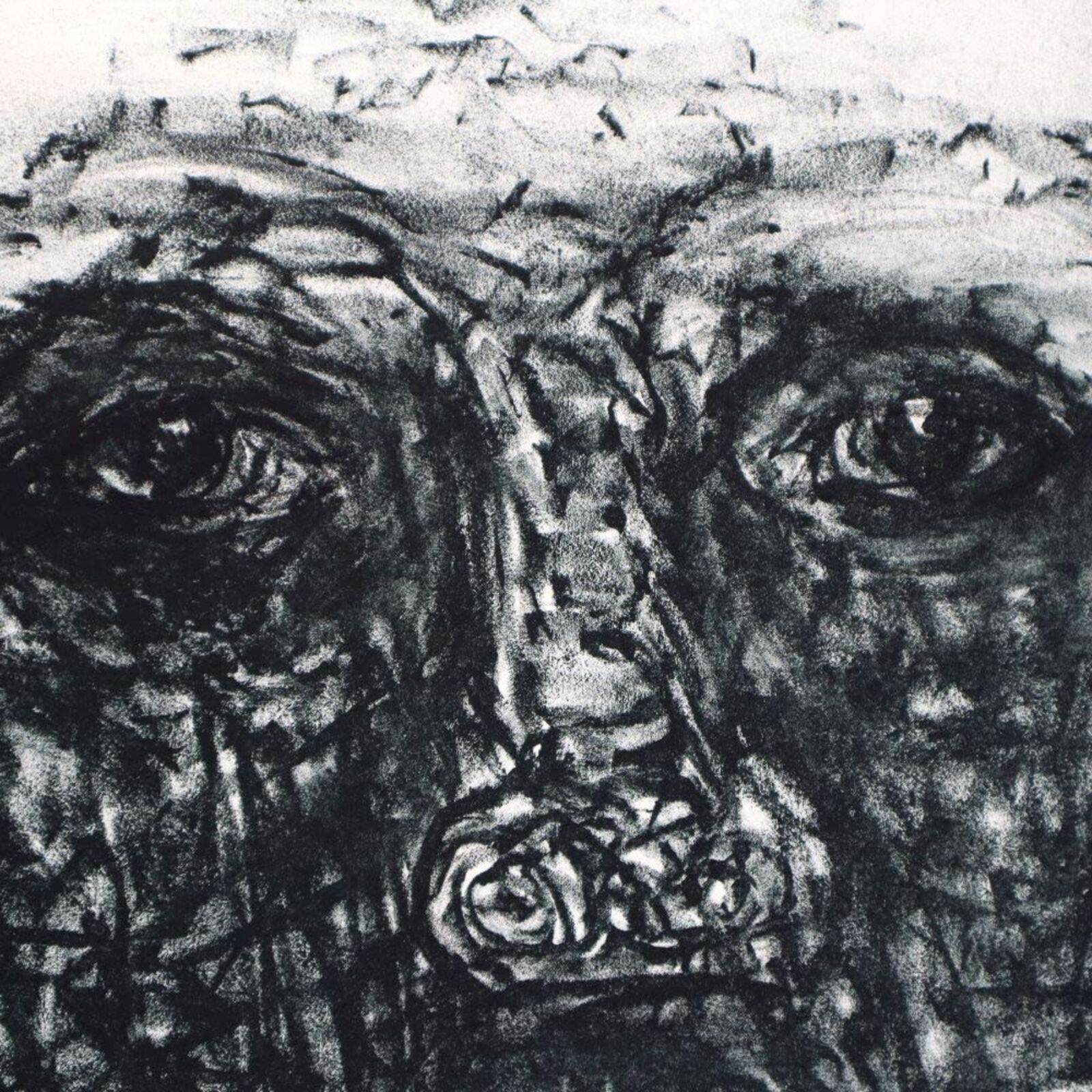 A group of six black and white drawings of a child's face.