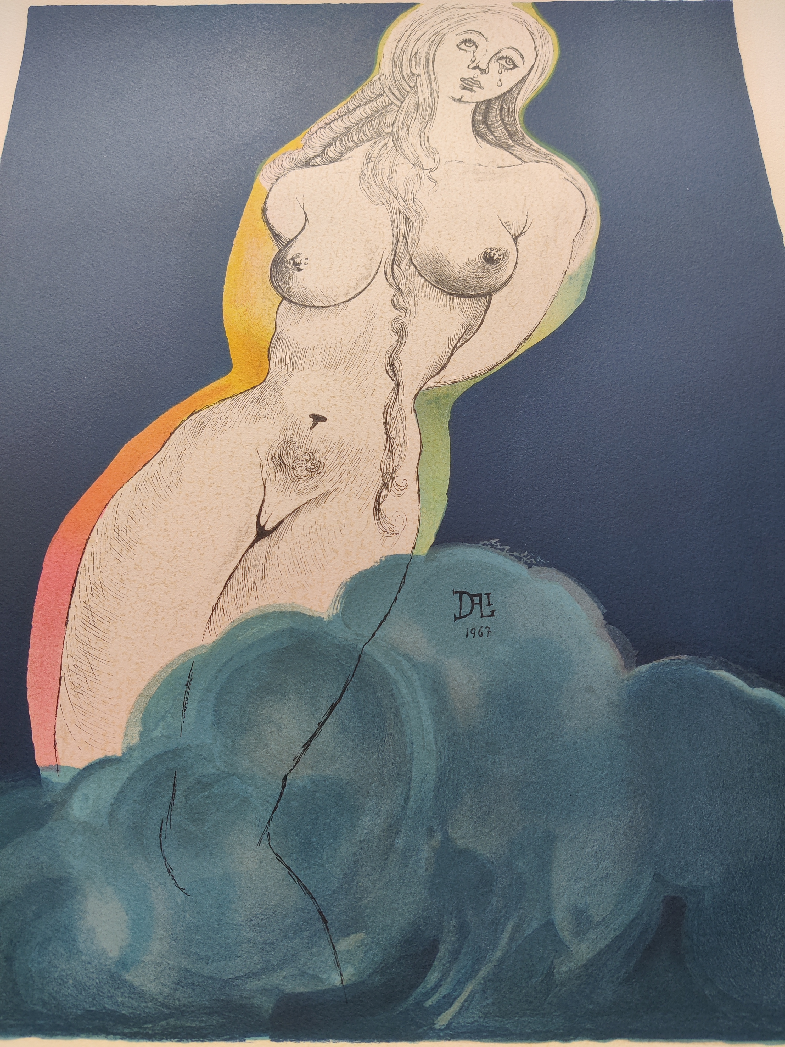 A drawing of a nude woman sitting on top of a cloud.