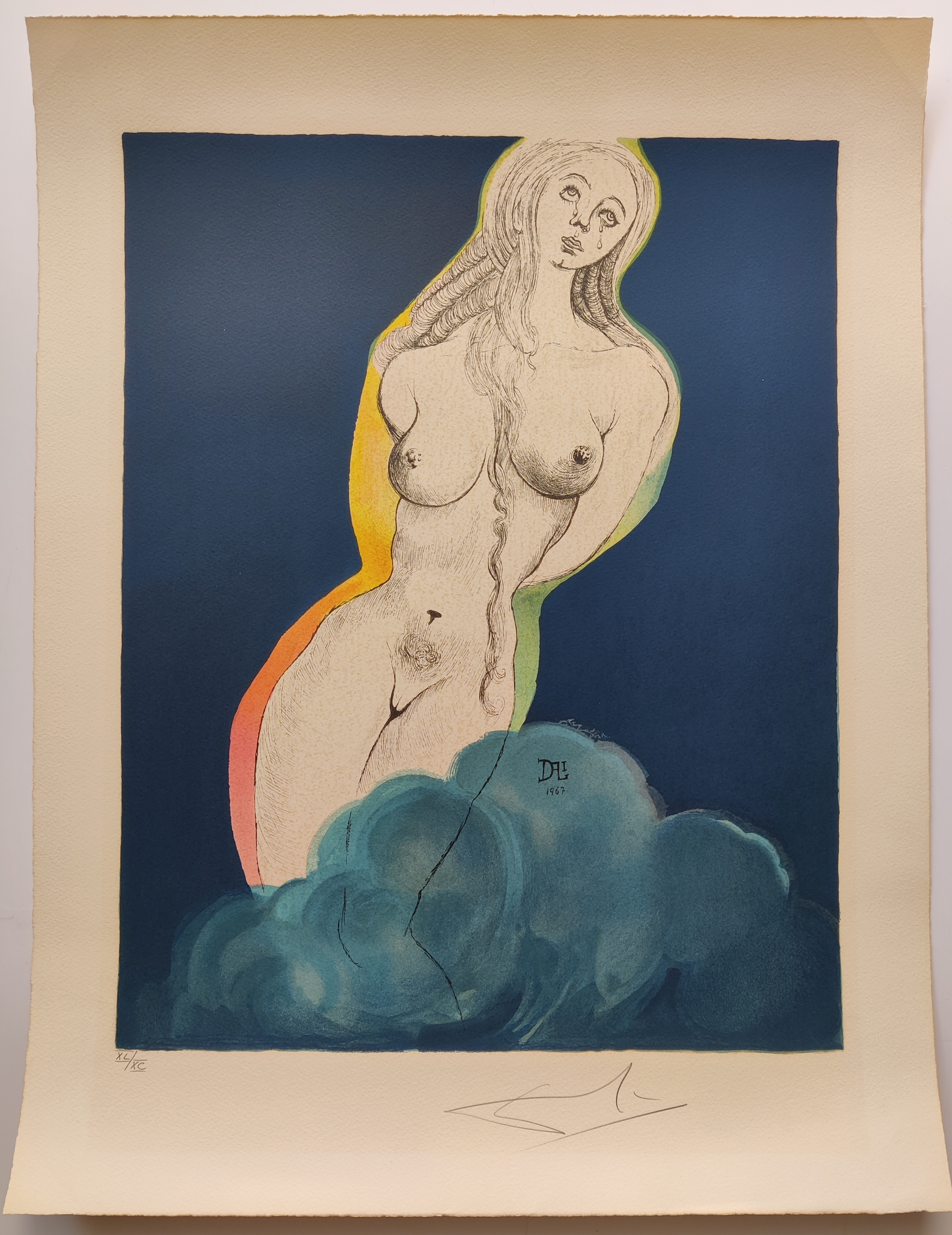 A drawing of a nude woman sitting on top of a cloud.