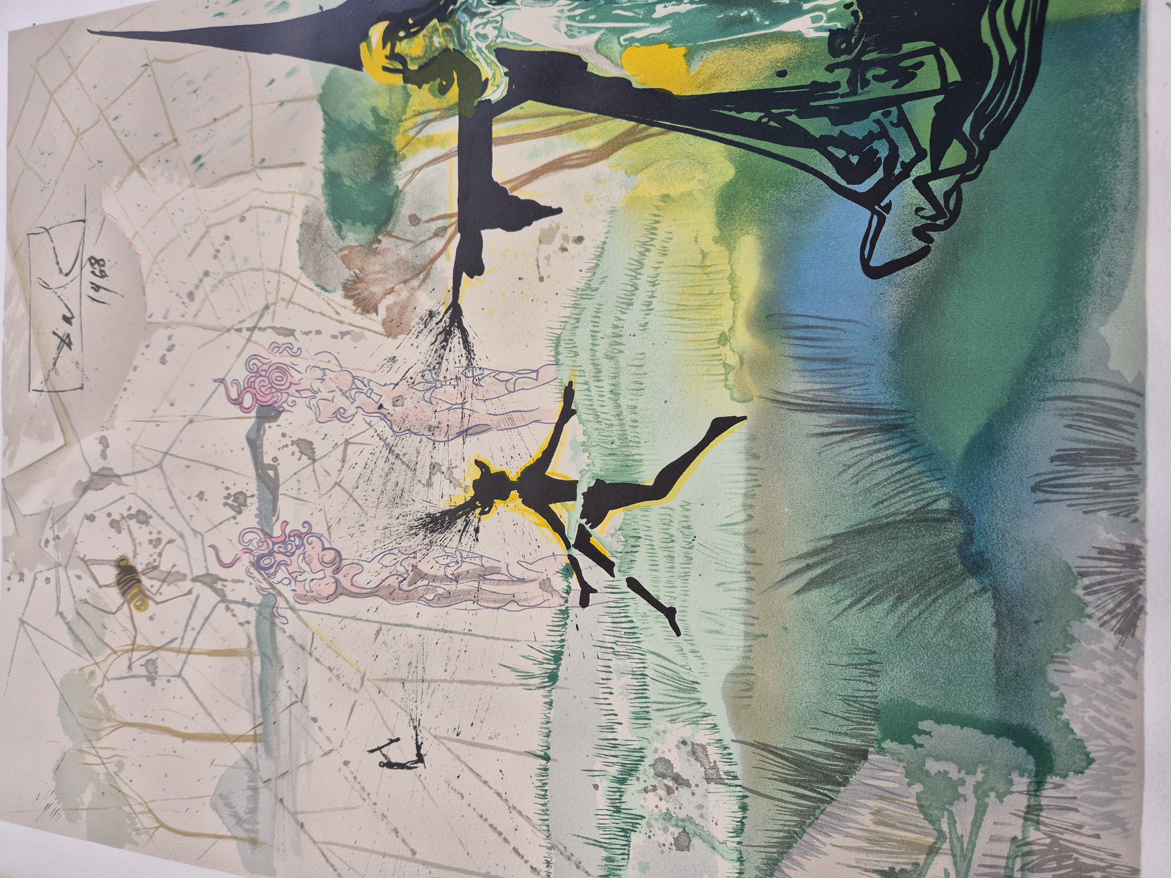 A surreal print featuring a black silhouette figure leaping toward a robed figure against a landscape background.