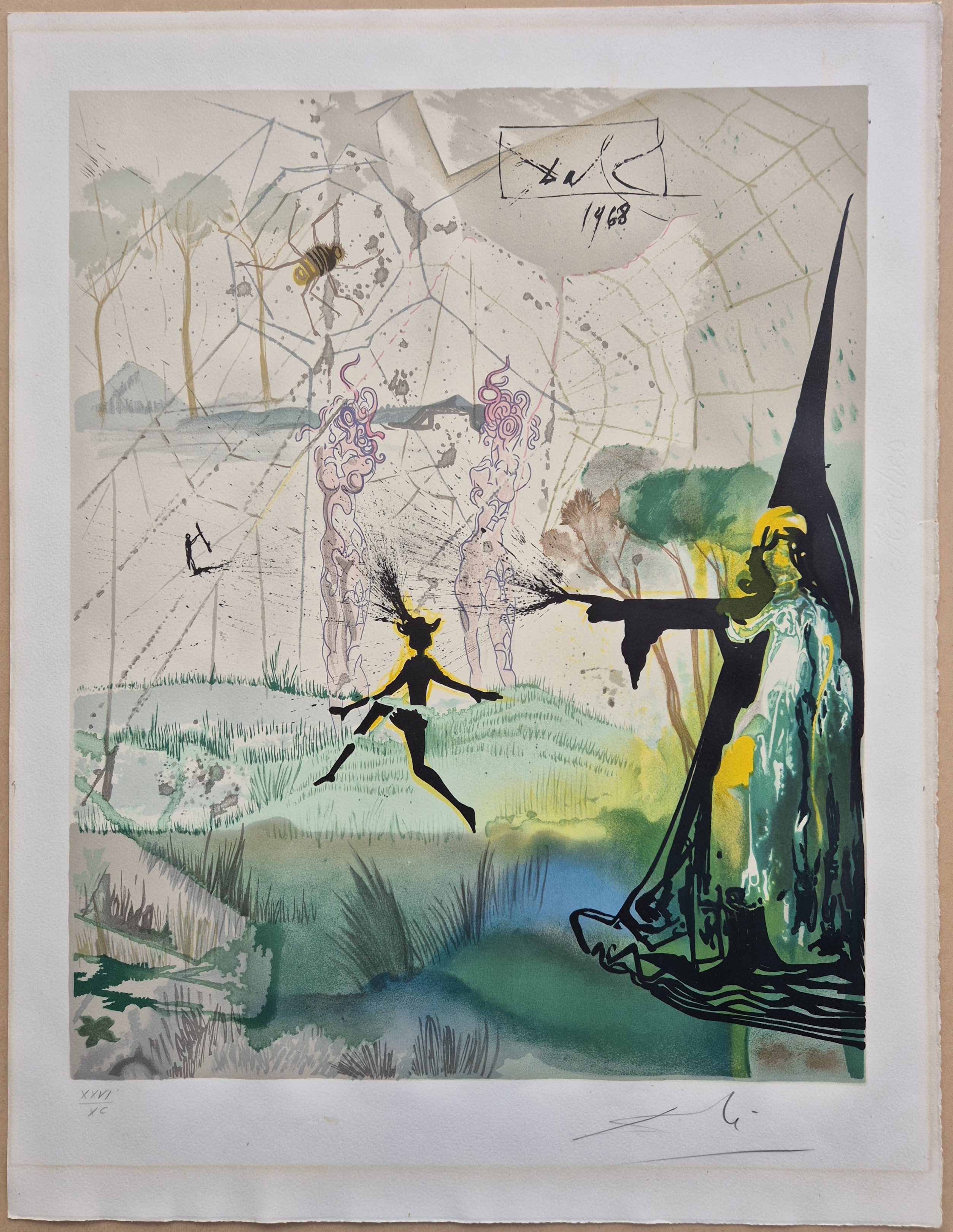 A surreal print featuring a black silhouette figure leaping toward a robed figure against a landscape background.