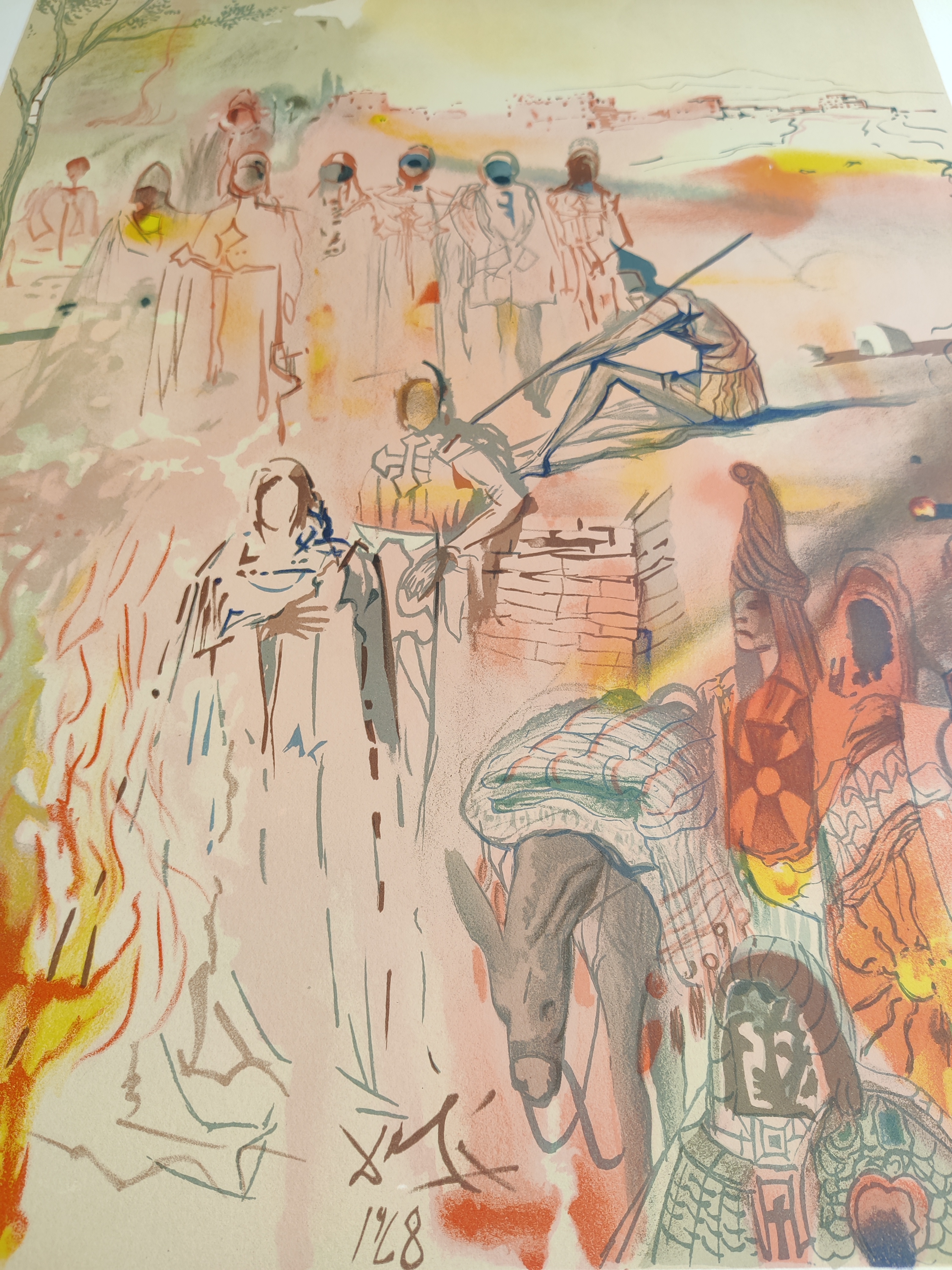 A painting of a group of people standing around a fire.