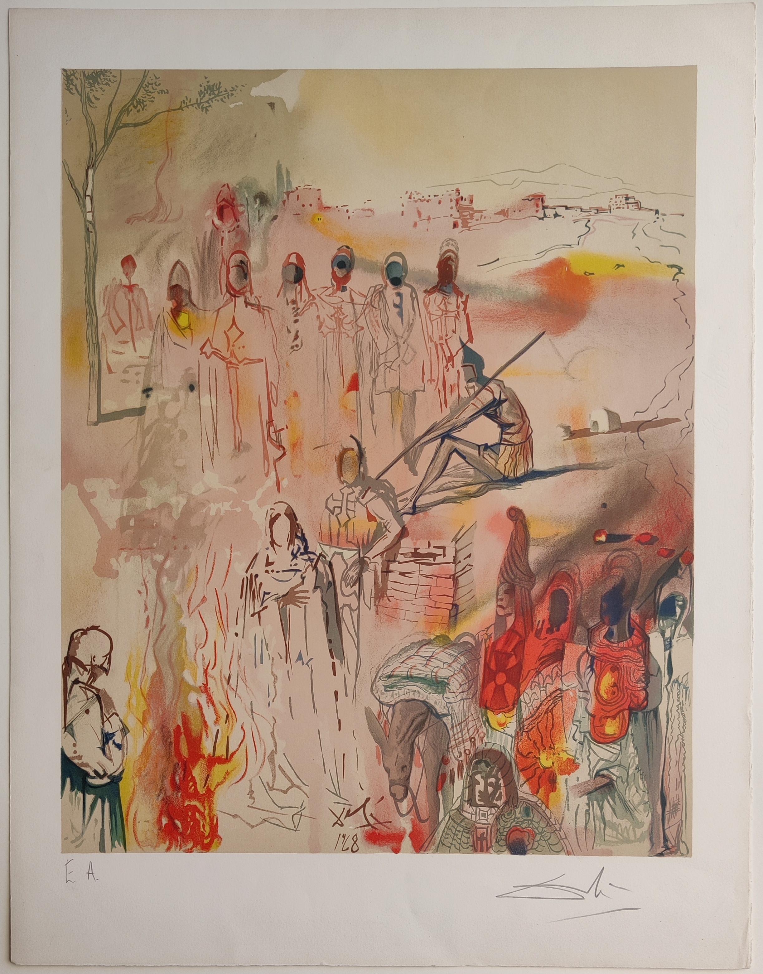 A painting of a group of people standing around a fire.