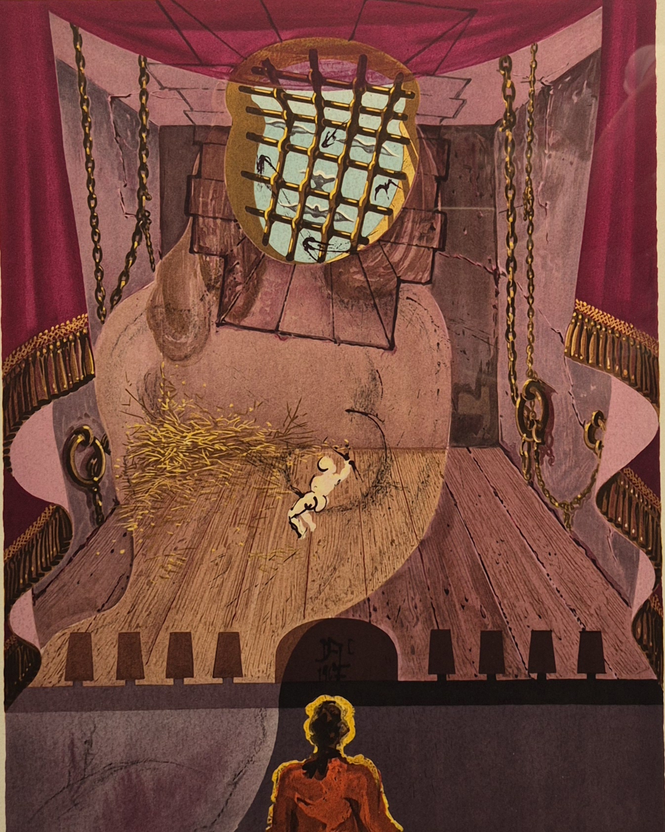 A framed print of a woman sitting on a stage.