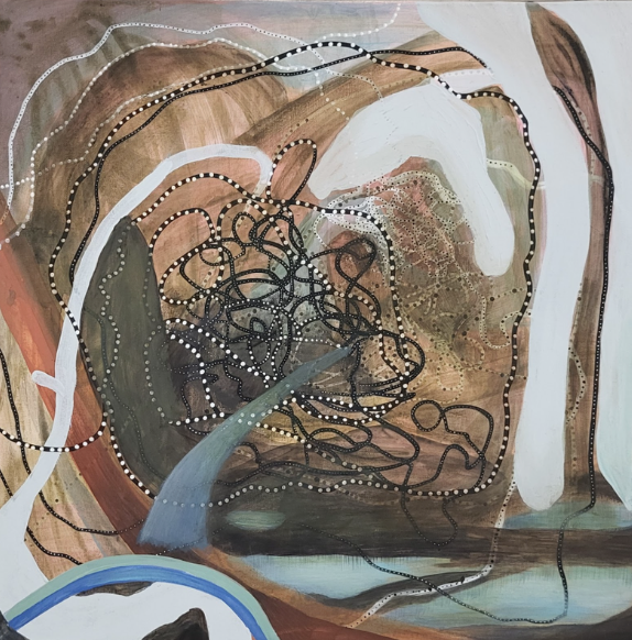 A painting on a piece of paper with a drawing on it.