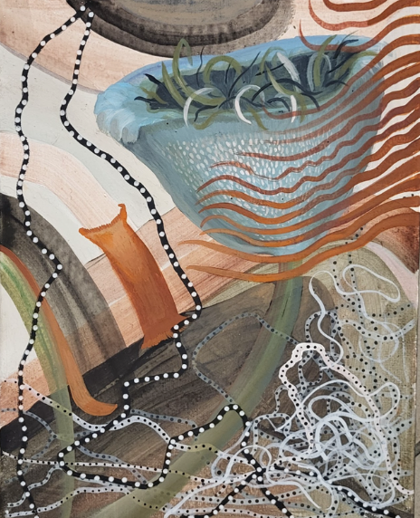A painting of a vase with a plant in it.
