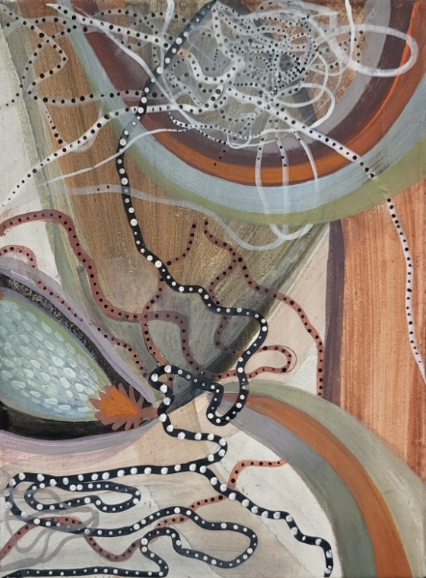 A painting of an abstract painting on a piece of wood.