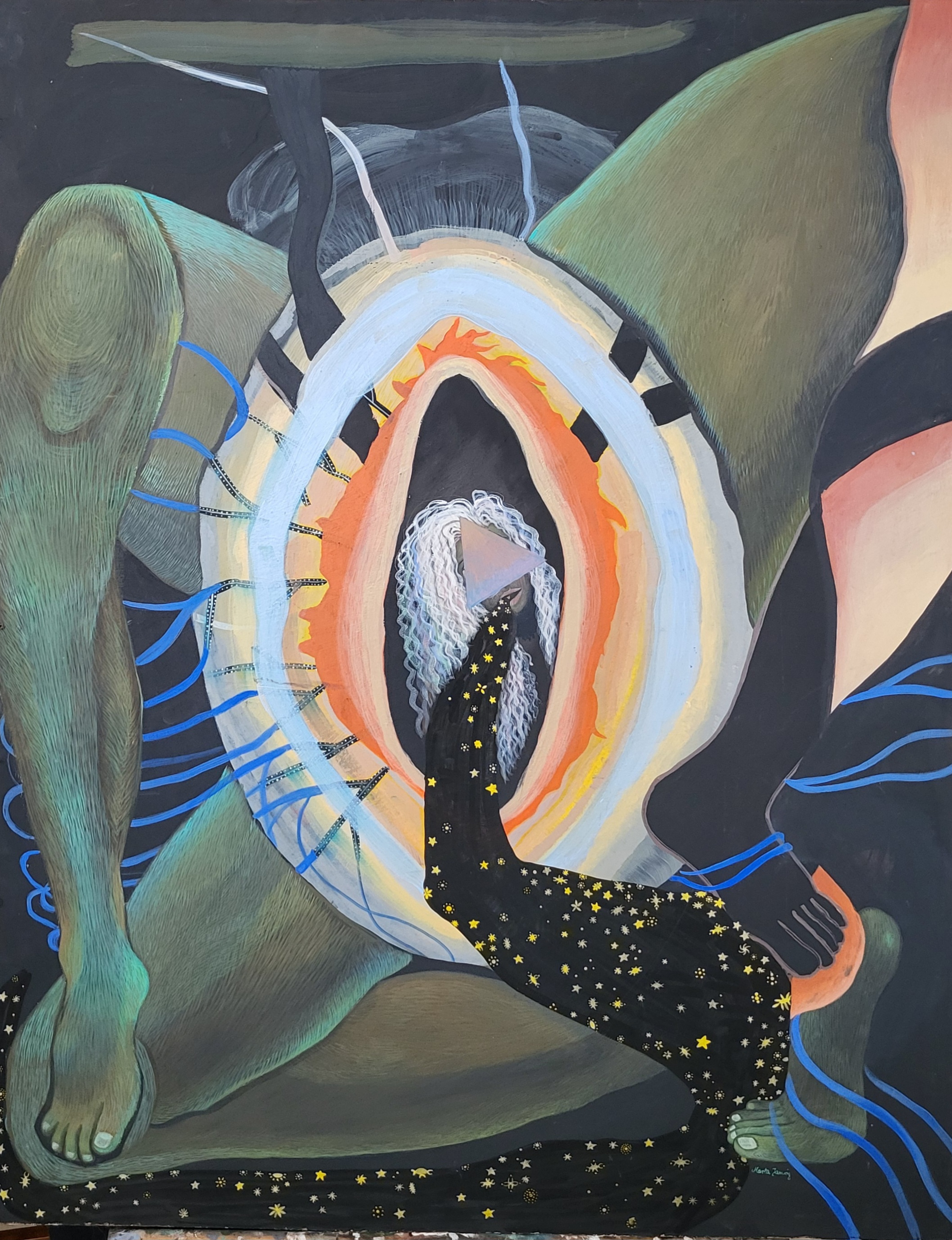 A painting of a woman sitting on the ground in front of a circle.