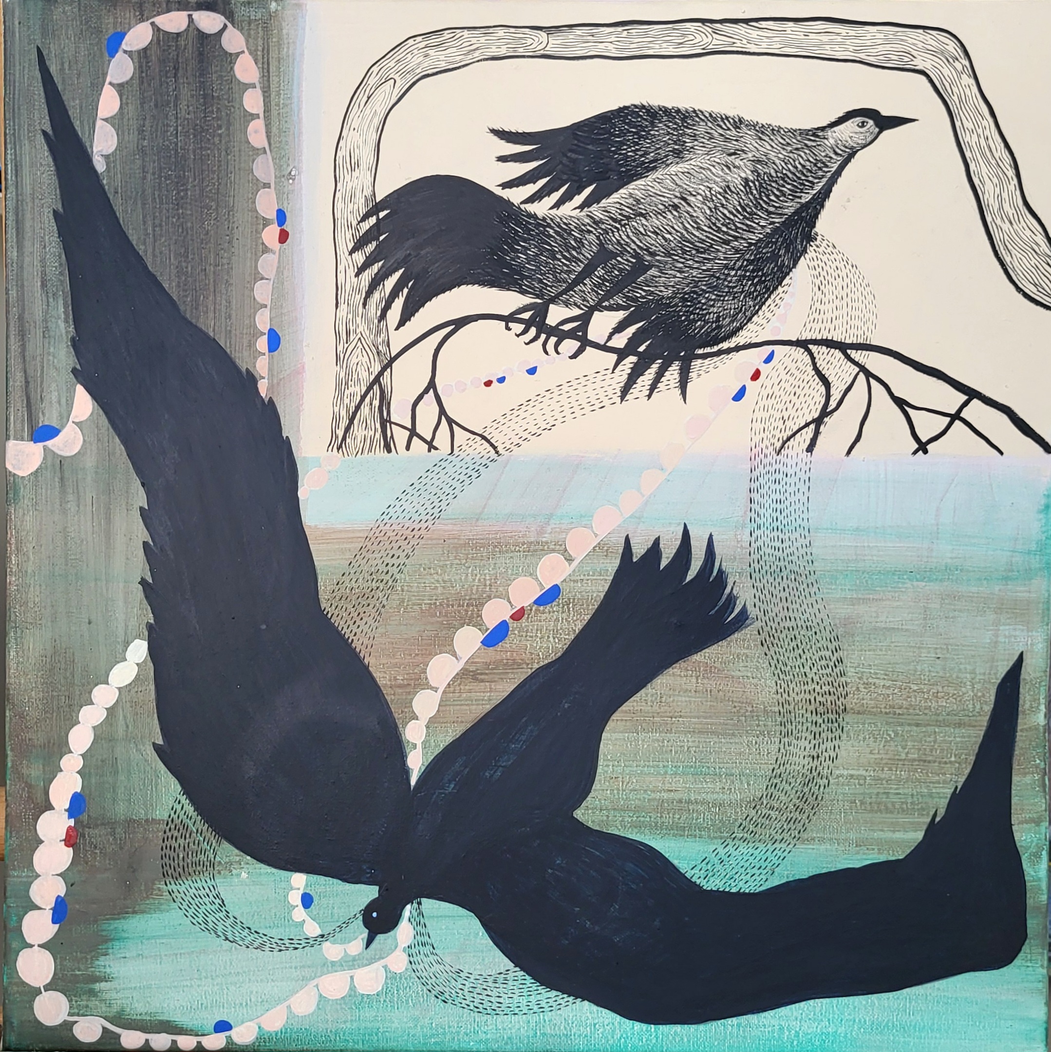 A painting of two birds flying over a body of water.