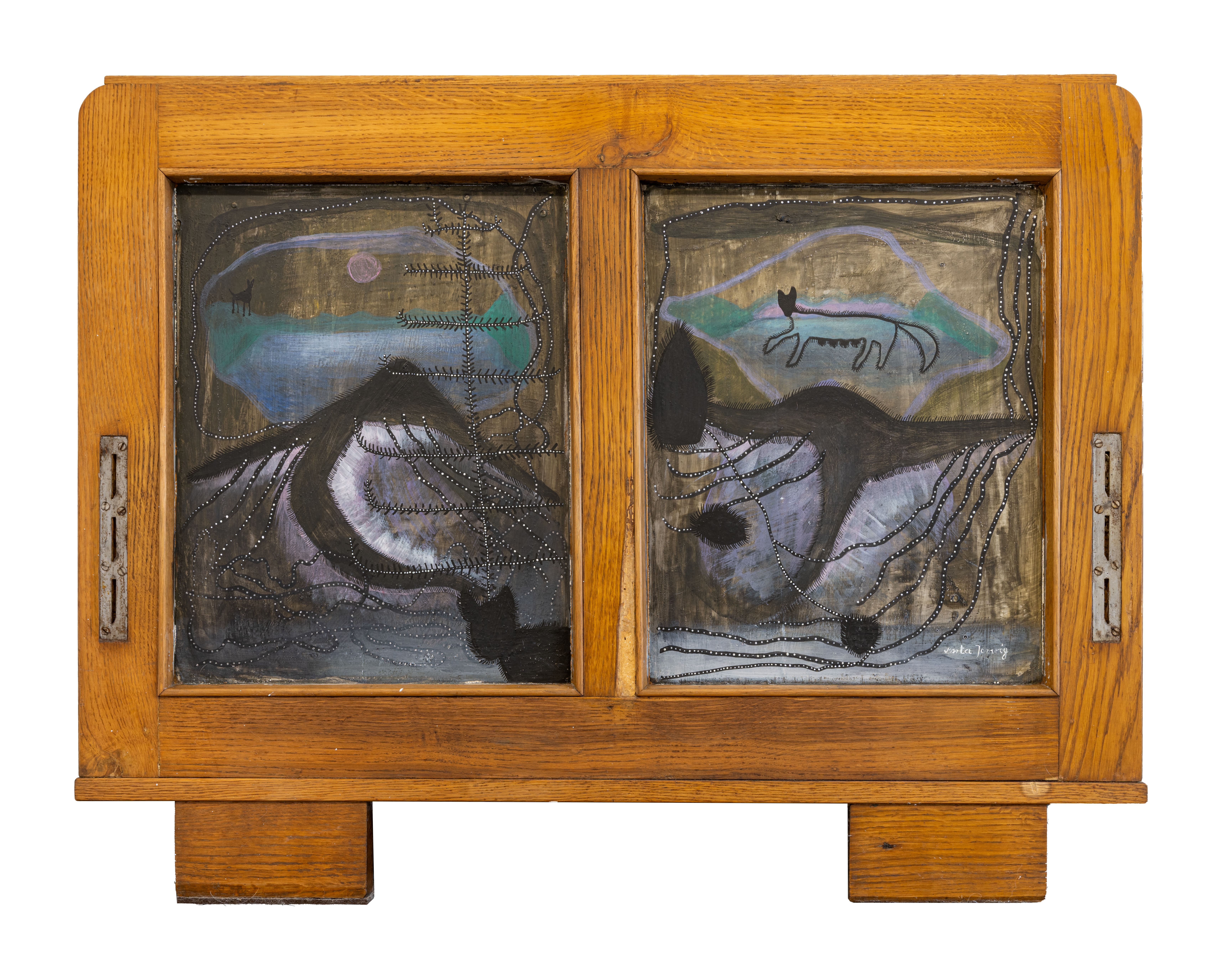 A wooden cabinet with two paintings on it. 
