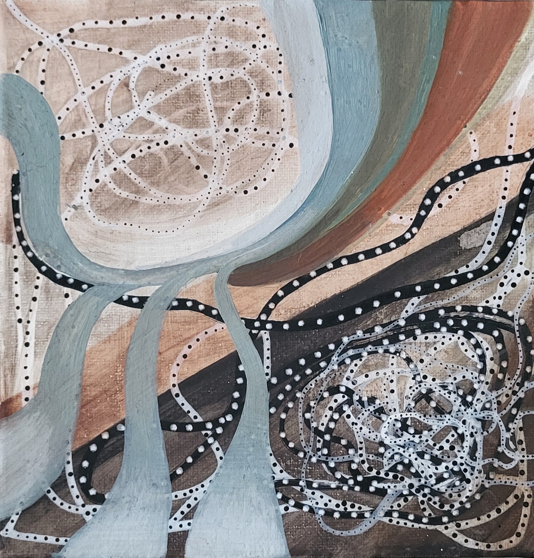 A painting of a blue and brown abstract painting on a canvas.