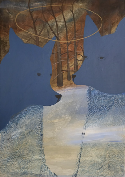 A painting of two blue wolves in the woods. 