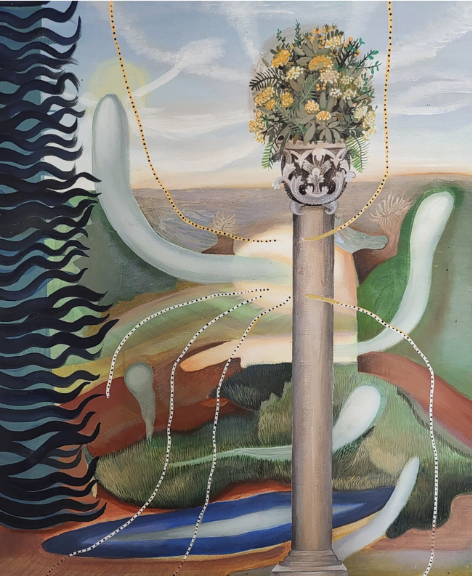 A surreal landscape featuring a classical column topped with flowers, surrounded by abstract organic shapes and beaded strings.