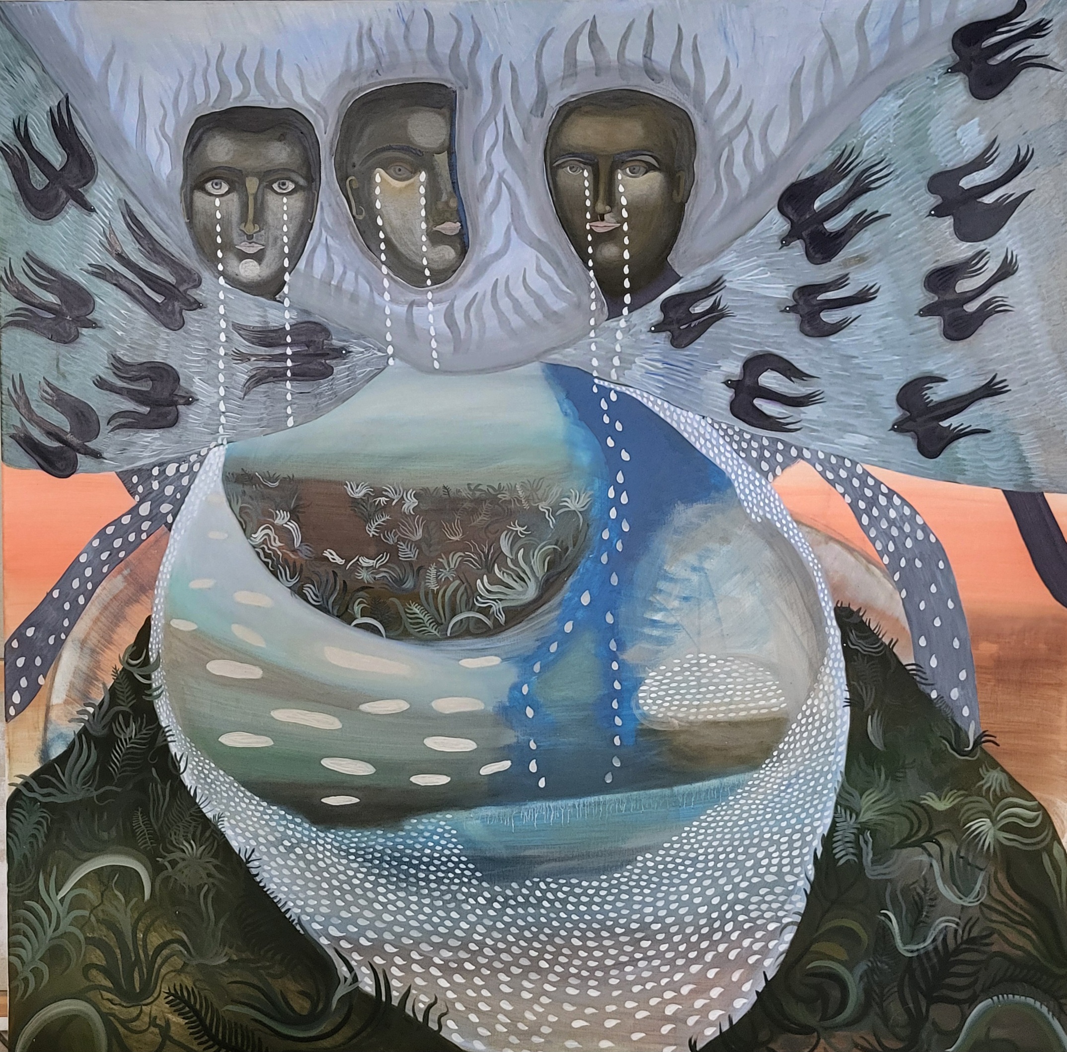 A painting of three faces with birds flying around them.